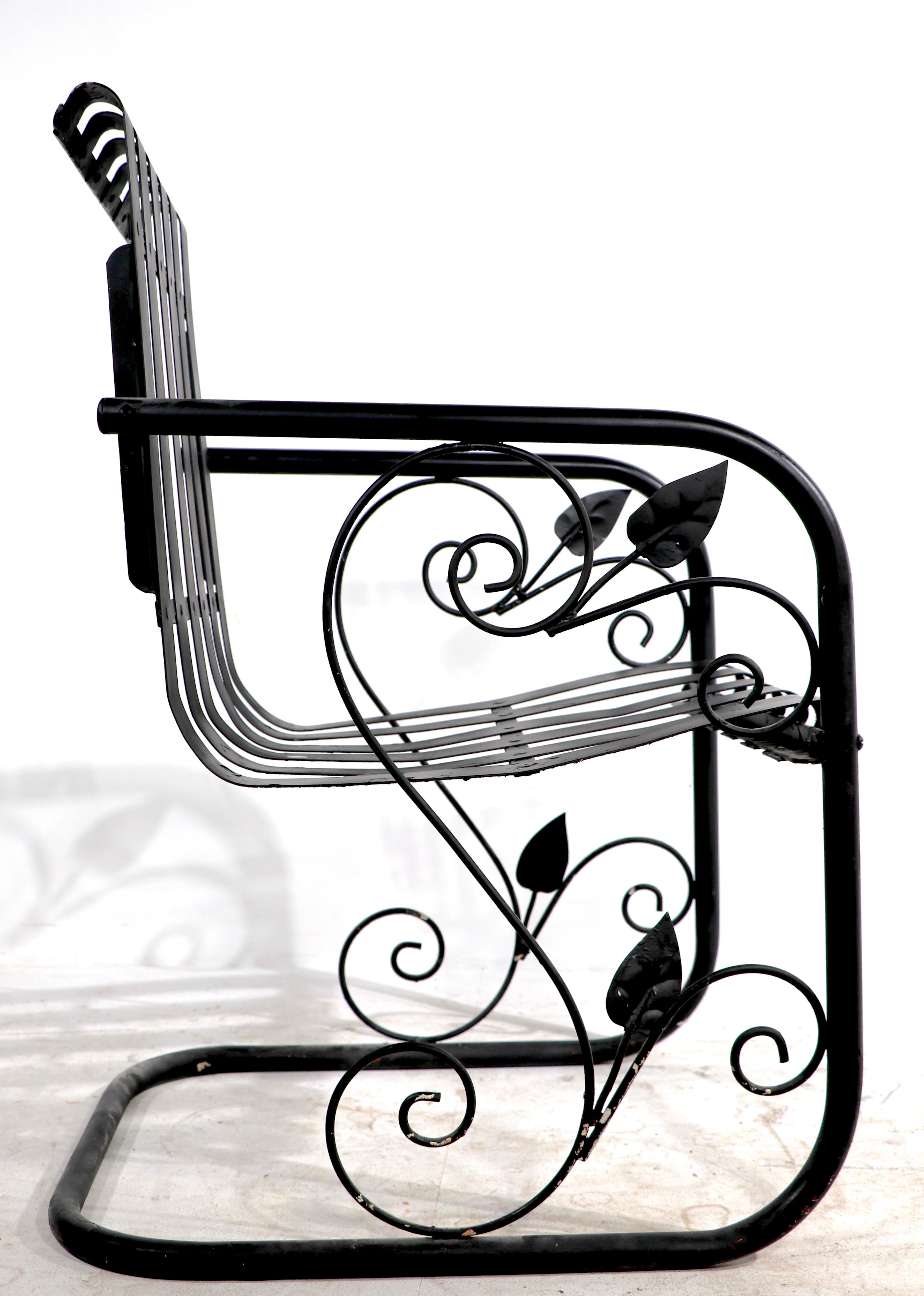 American Pr. Romantic Art Deco Garden Patio Metal Strap Lounge Chairs For Sale