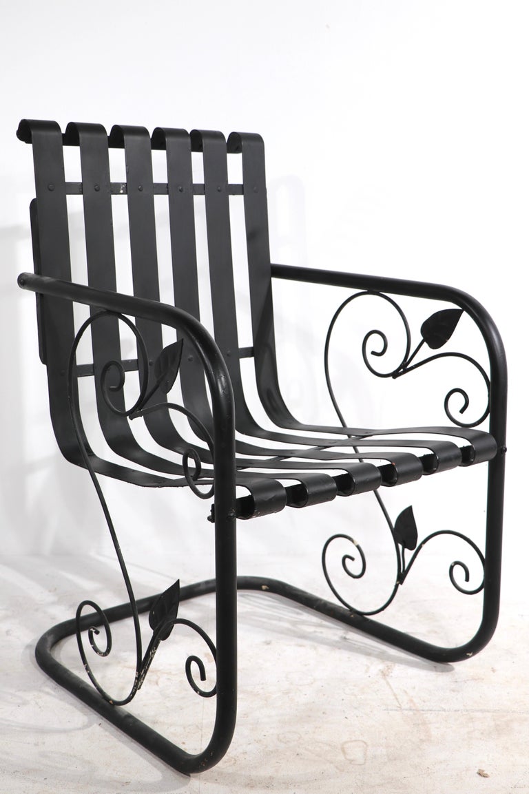 Pr. Romantic Art Deco Garden Patio Metal Strap Lounge Chairs For Sale