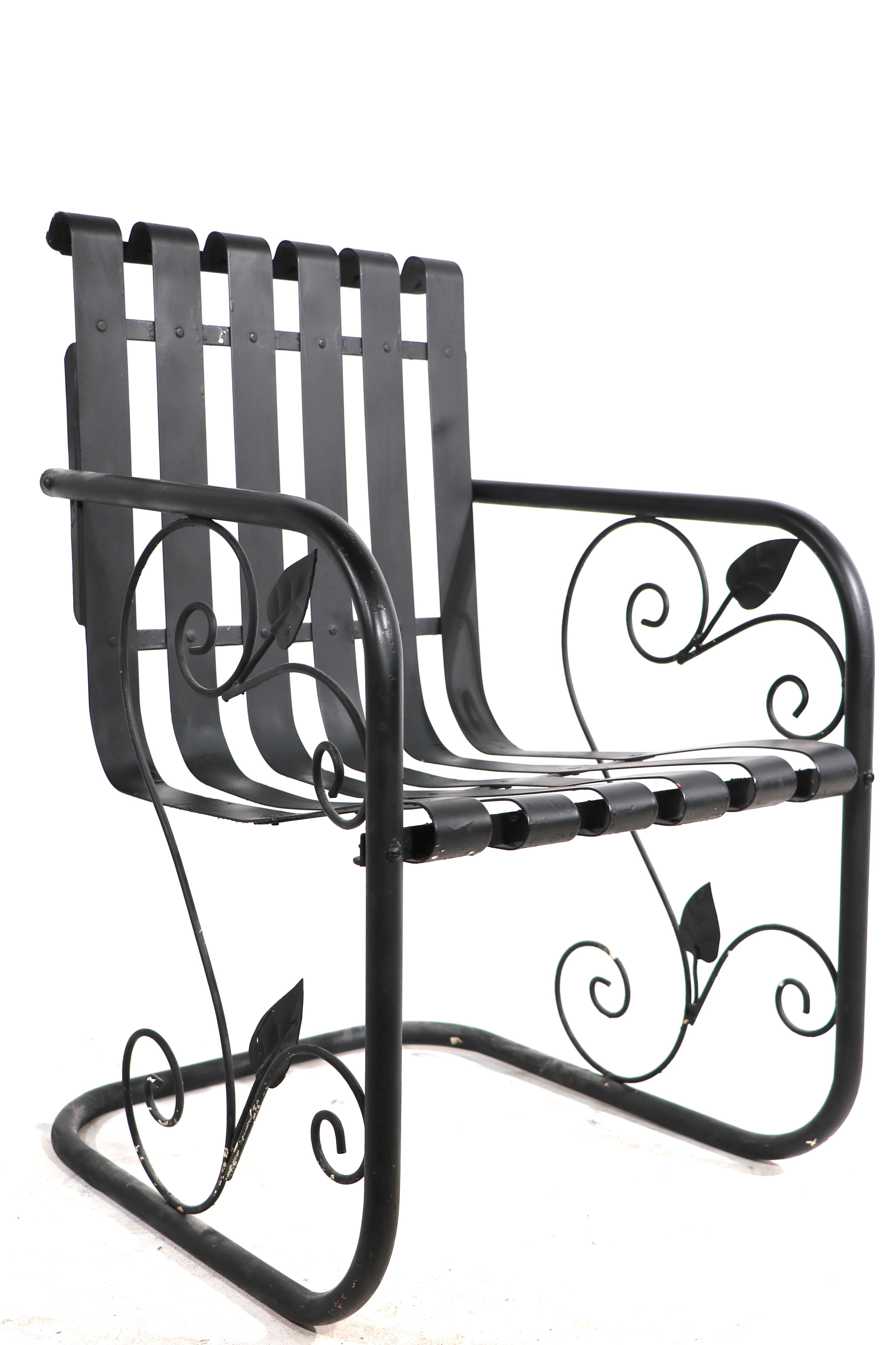 Pr. Romantic Art Deco Garden Patio Metal Strap Lounge Chairs For Sale 1