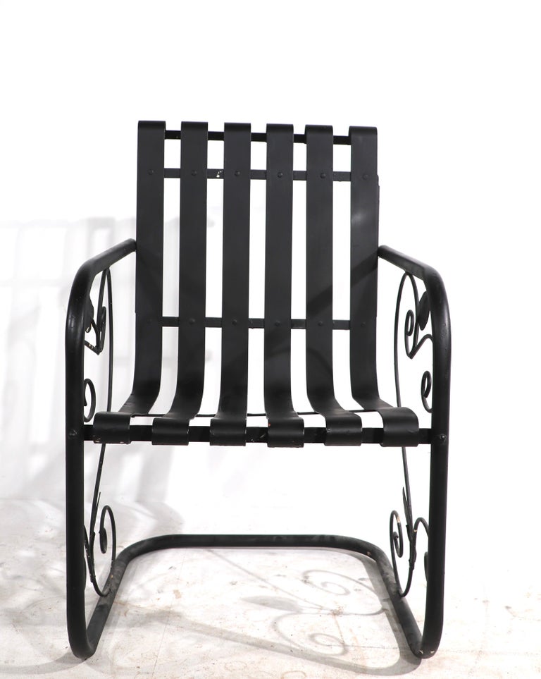 Pr. Romantic Art Deco Garden Patio Metal Strap Lounge Chairs For Sale