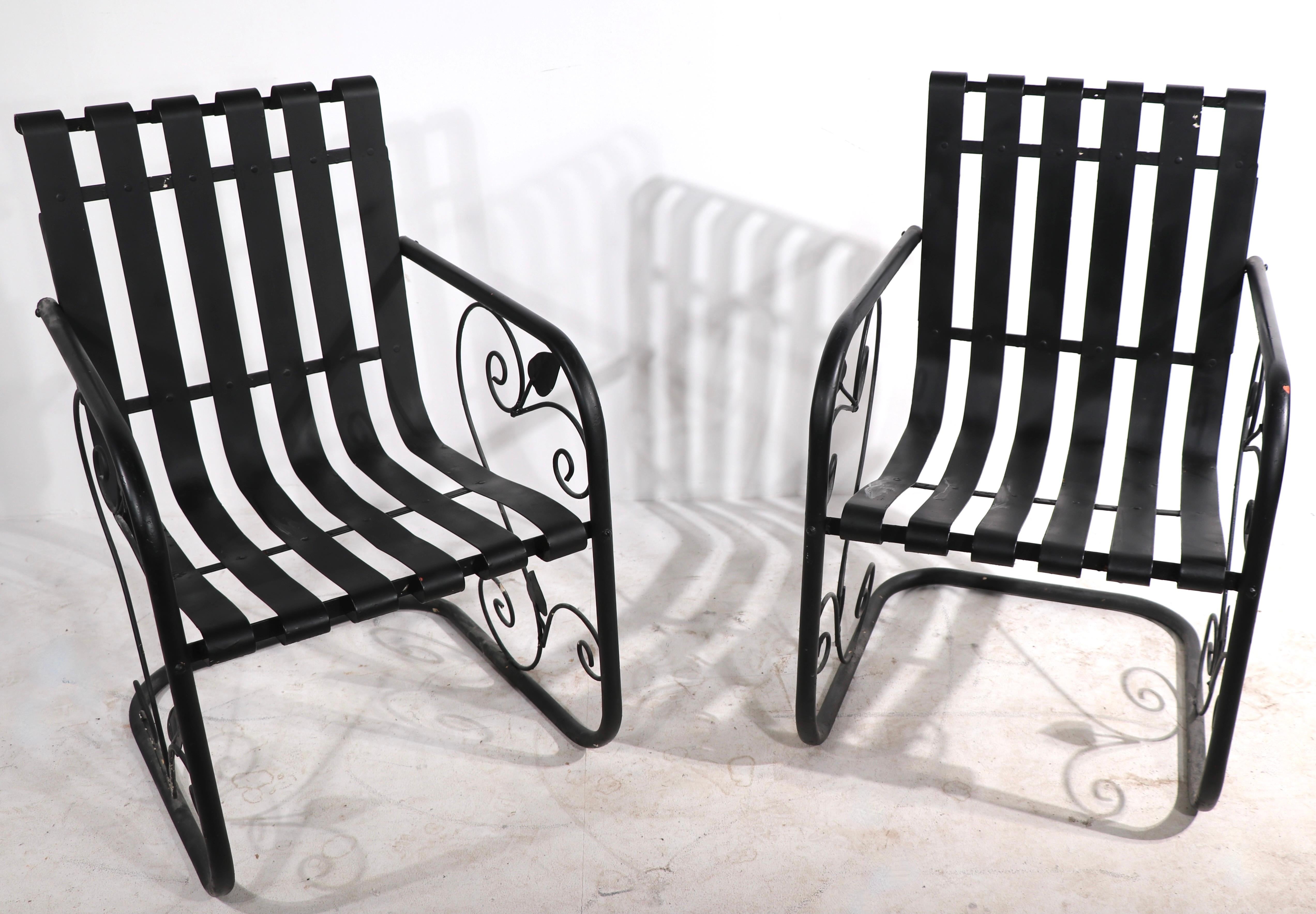 Pr. Romantic Art Deco Garden Patio Metal Strap Lounge Chairs For Sale 3