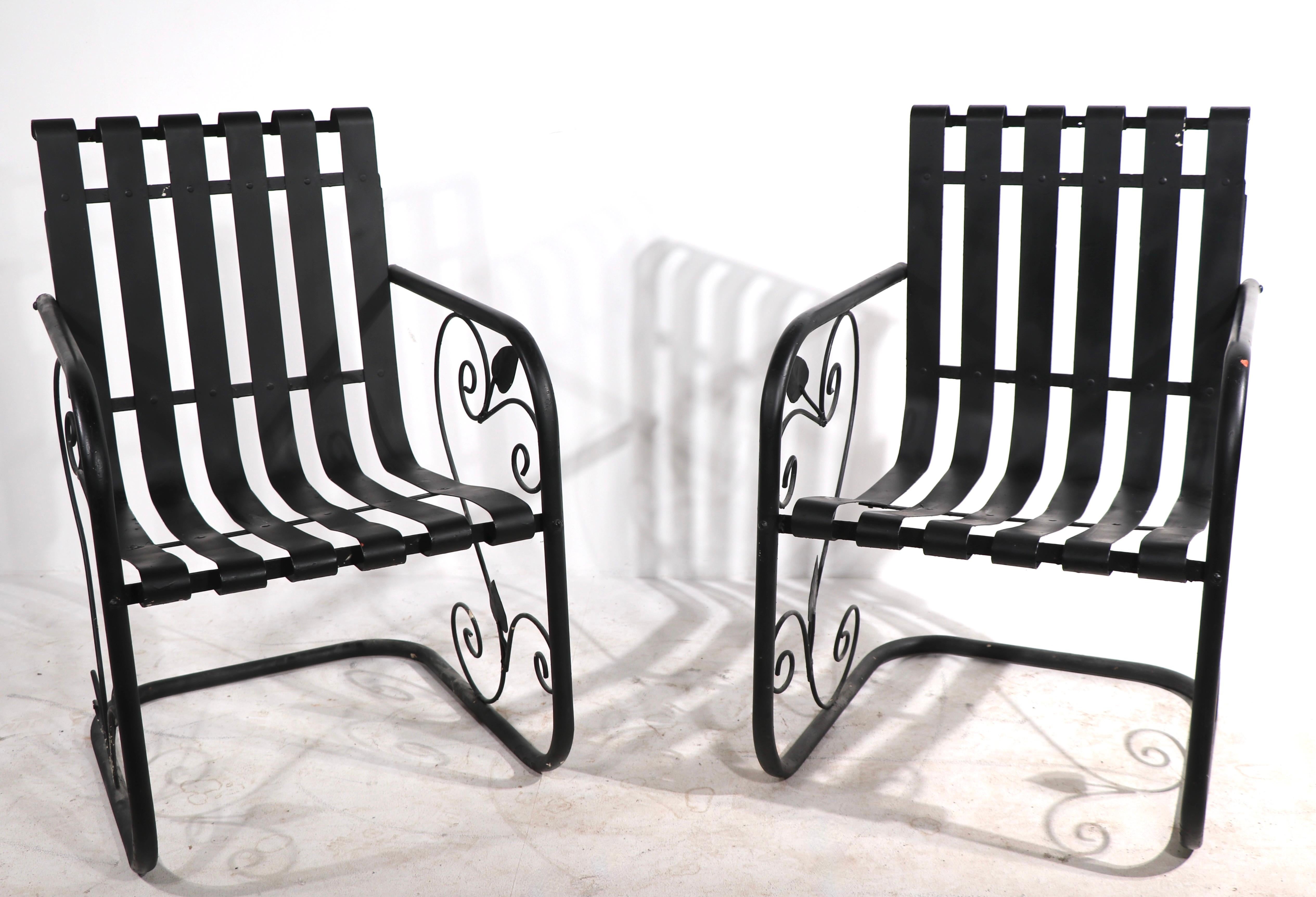 Pr. Romantic Art Deco Garden Patio Metal Strap Lounge Chairs For Sale 4