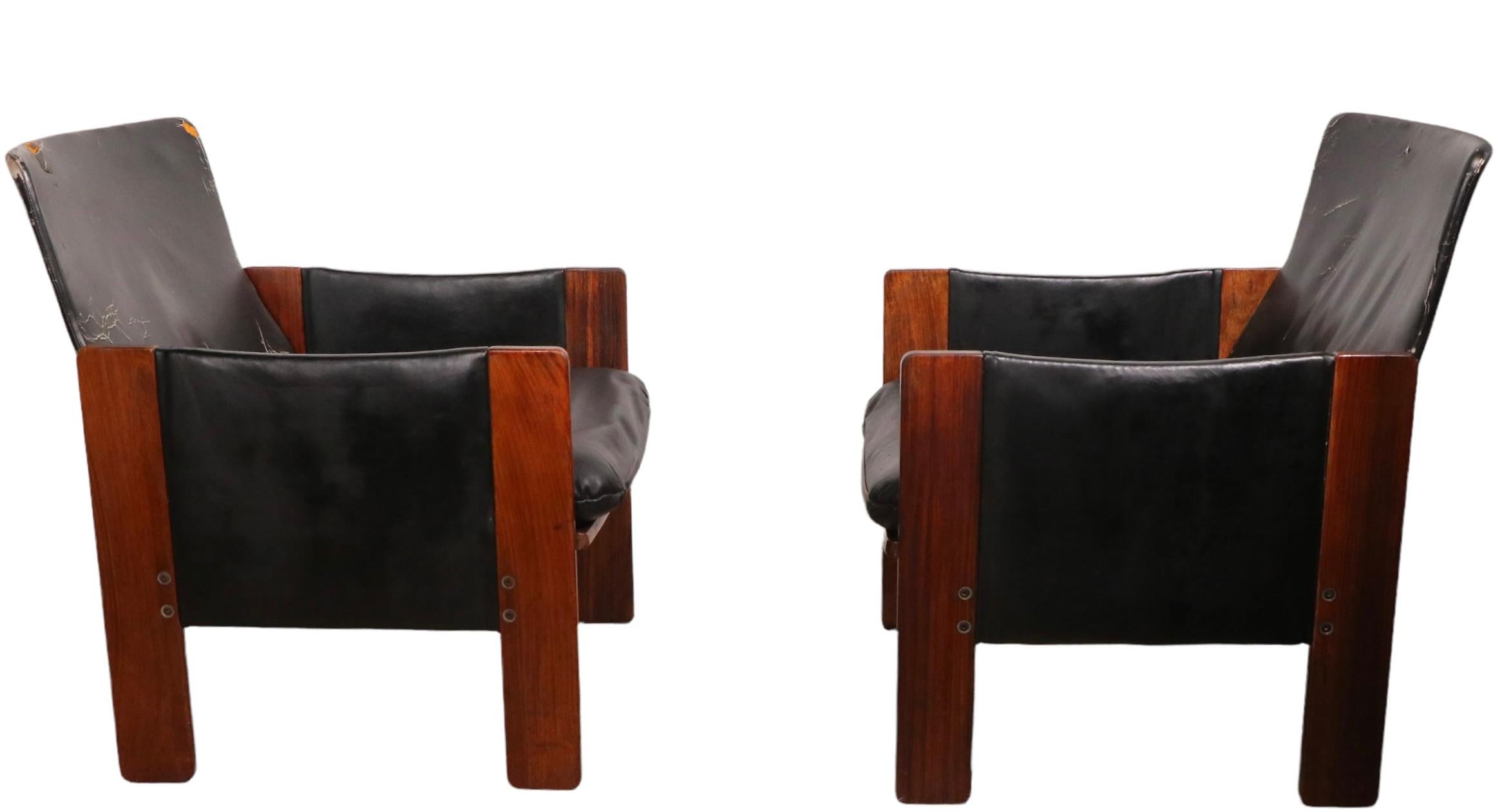 Italian Pr. Rosewood and Leather Lounge Arm Chairs by Tobia Scarpa for Cassina For Sale