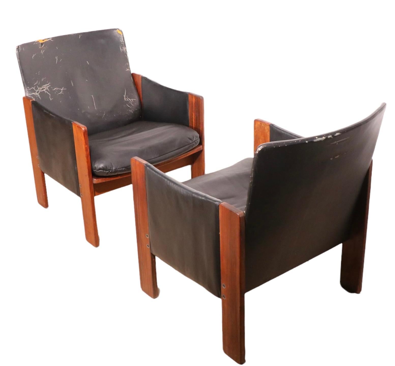 20th Century Pr. Rosewood and Leather Lounge Arm Chairs by Tobia Scarpa for Cassina For Sale