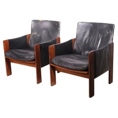 Pr. Rosewood and Leather Lounge Arm Chairs by Tobia Scarpa for Cassina