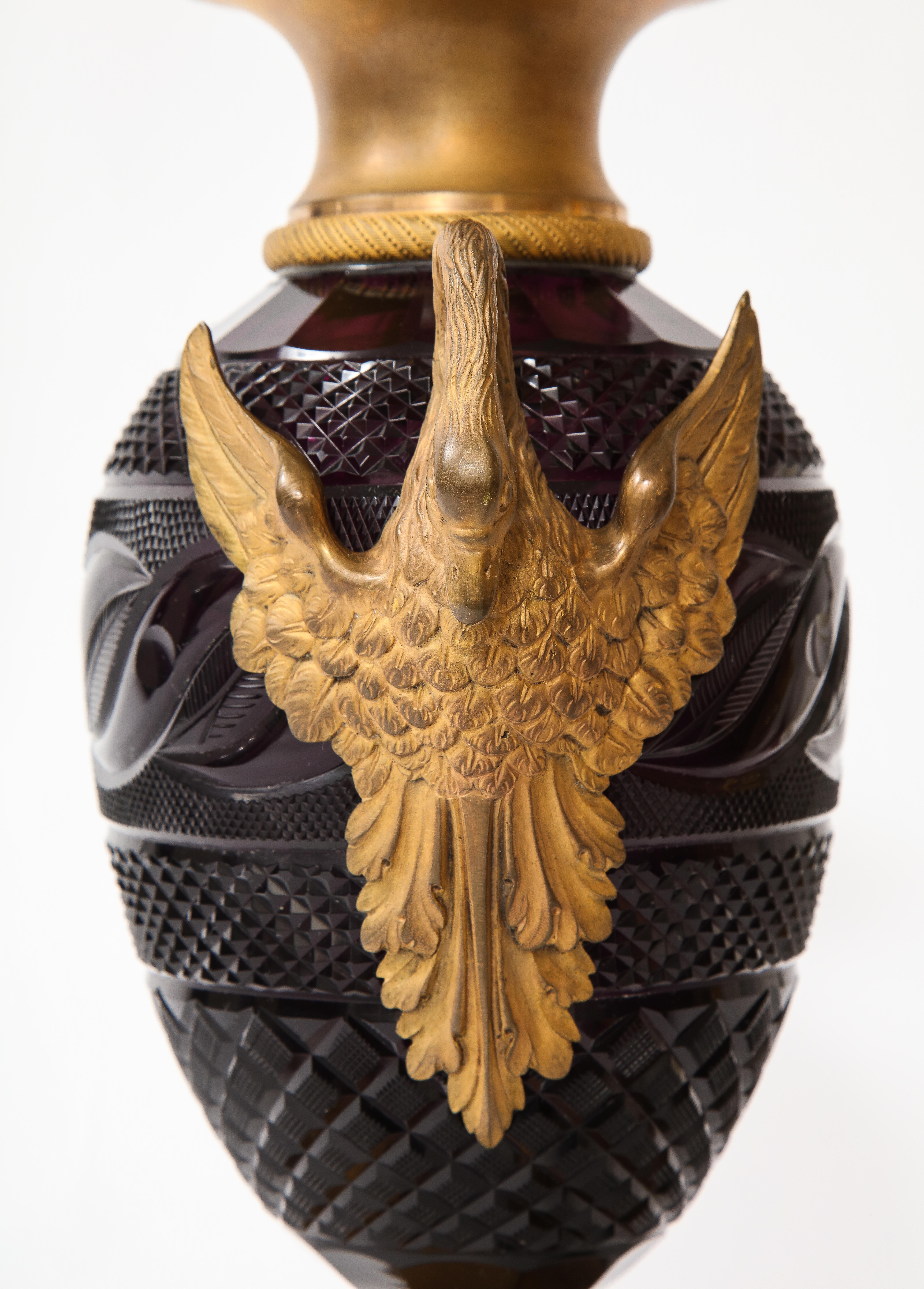 Pr. Russian Dore Bronze Mtd. Hand-Diamond Cut Amethyst Crystal Swan Handle Vases For Sale 2