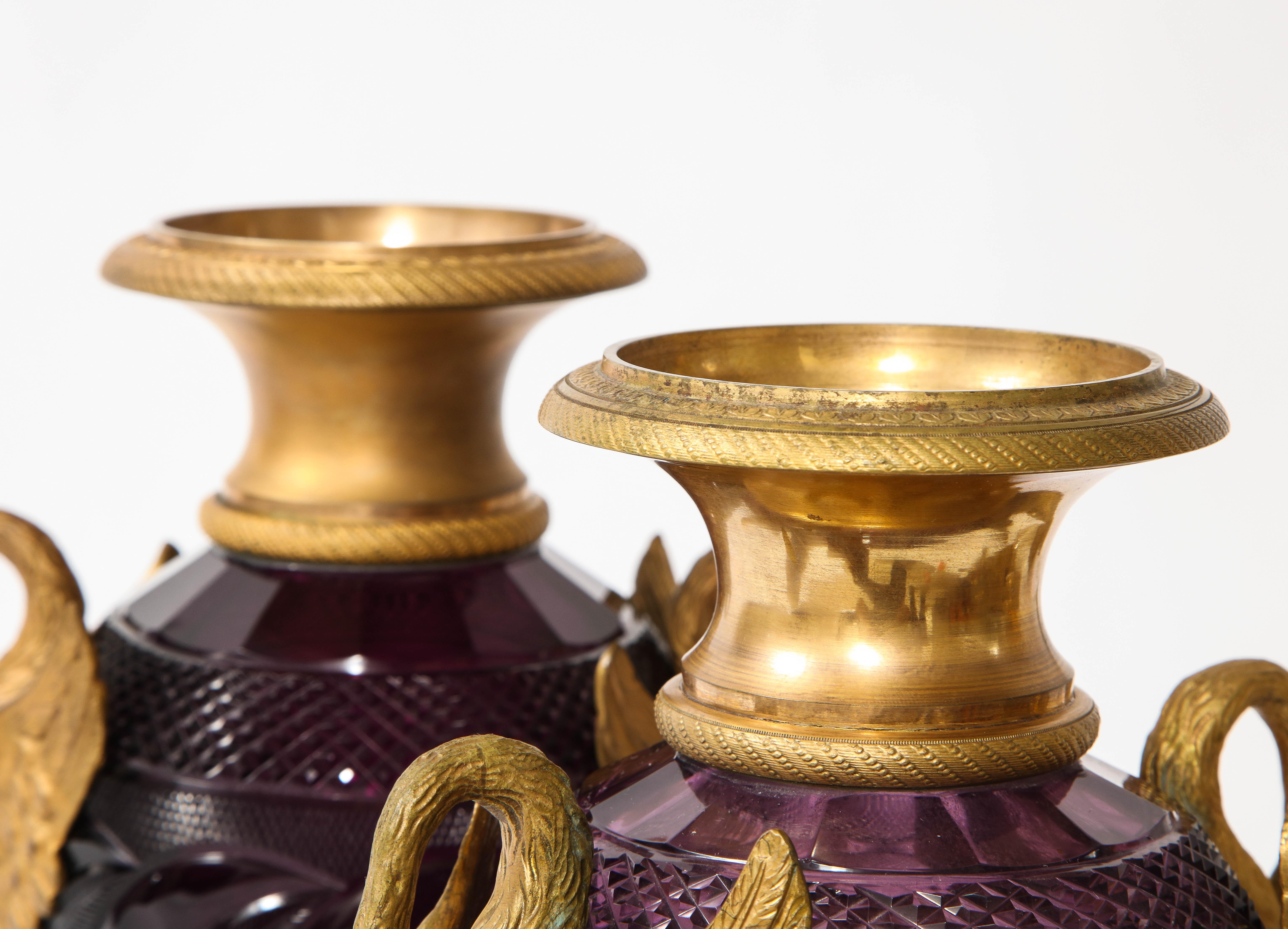 Pr. Russian Dore Bronze Mtd. Hand-Diamond Cut Amethyst Crystal Swan Handle Vases For Sale 5
