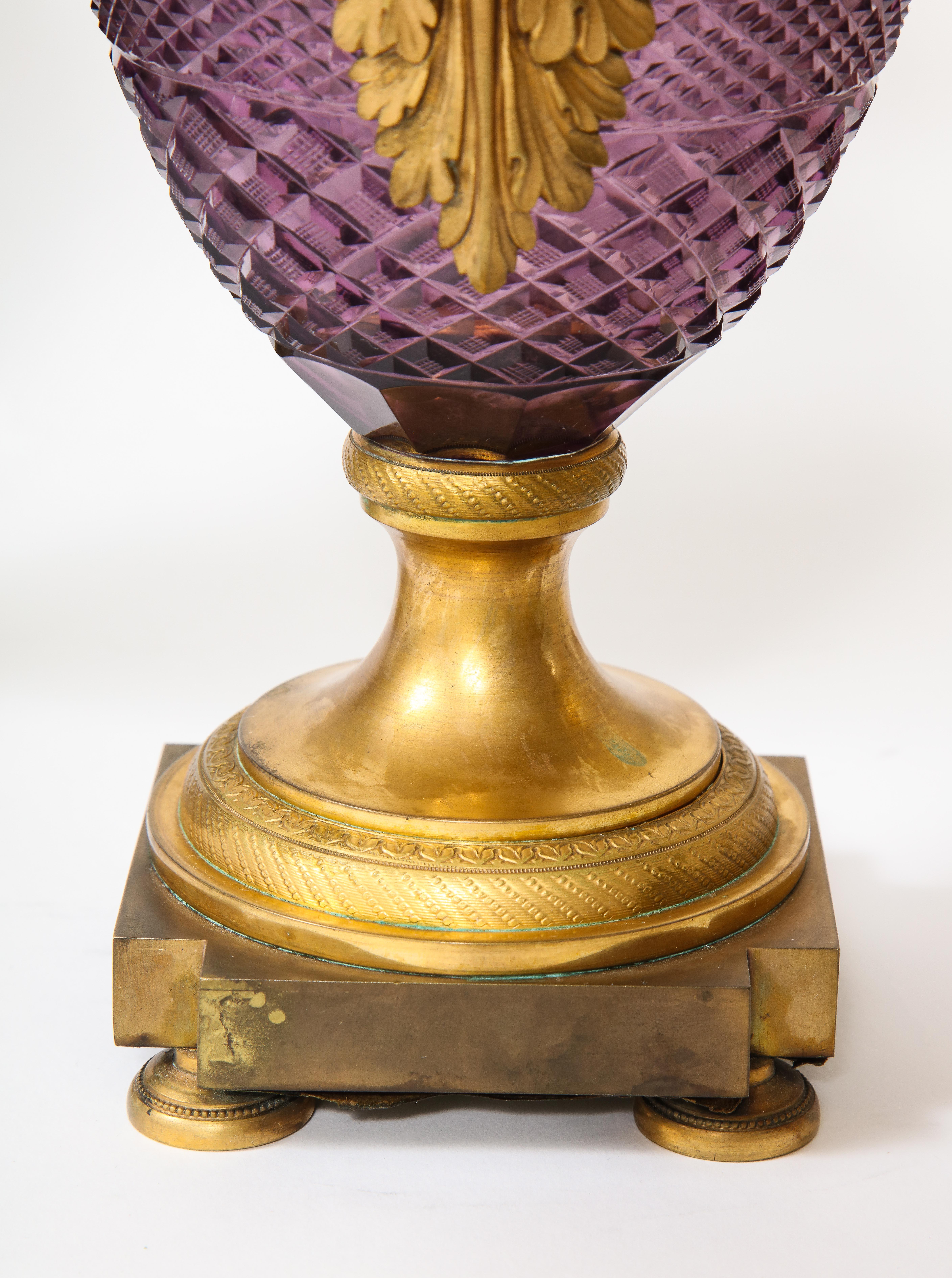 Pr. Russian Dore Bronze Mtd. Hand-Diamond Cut Amethyst Crystal Swan Handle Vases For Sale 8