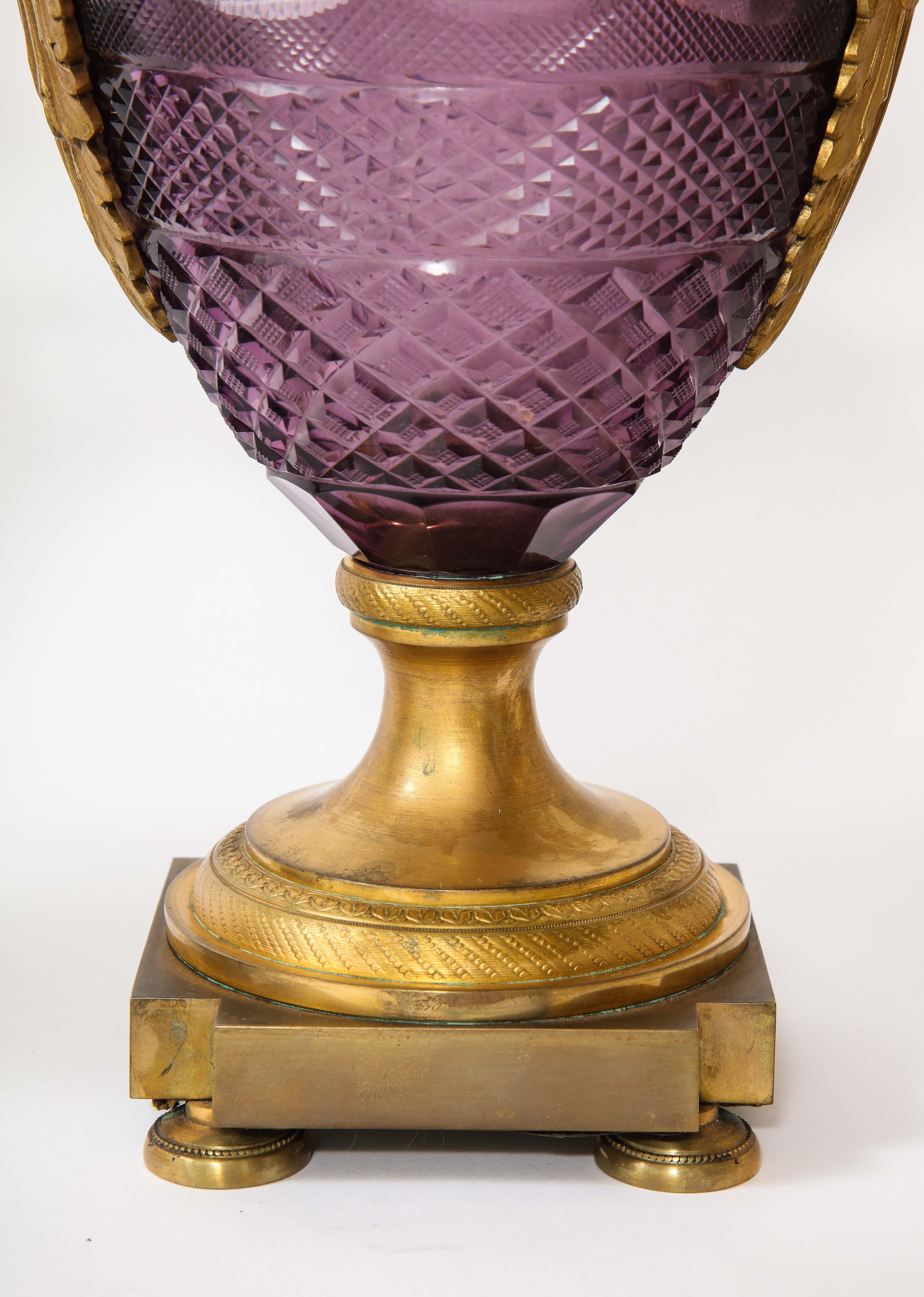 Pr. Russian Dore Bronze Mtd. Hand-Diamond Cut Amethyst Crystal Swan Handle Vases For Sale 9