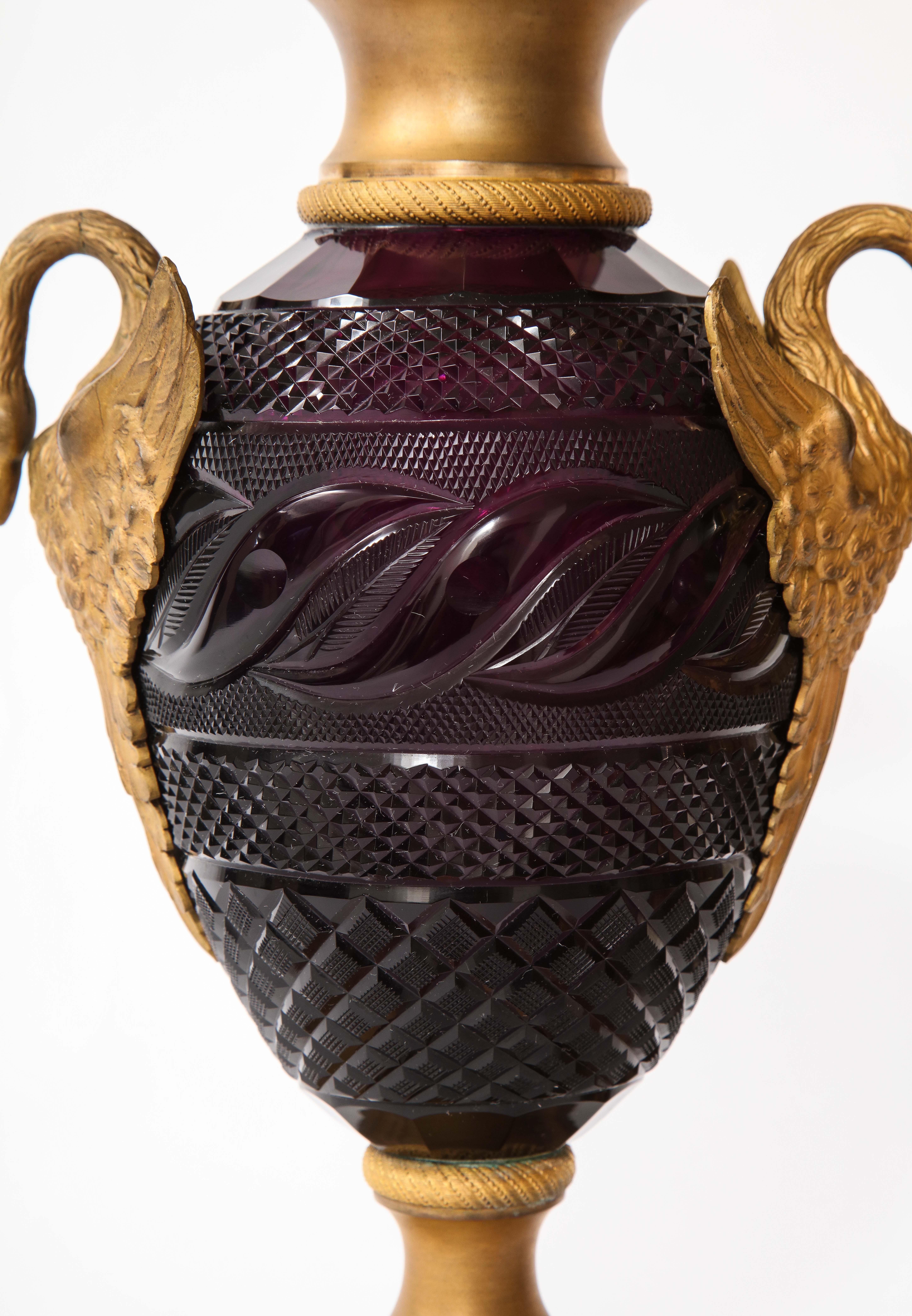 Louis XVI Pr. Russian Dore Bronze Mtd. Hand-Diamond Cut Amethyst Crystal Swan Handle Vases For Sale