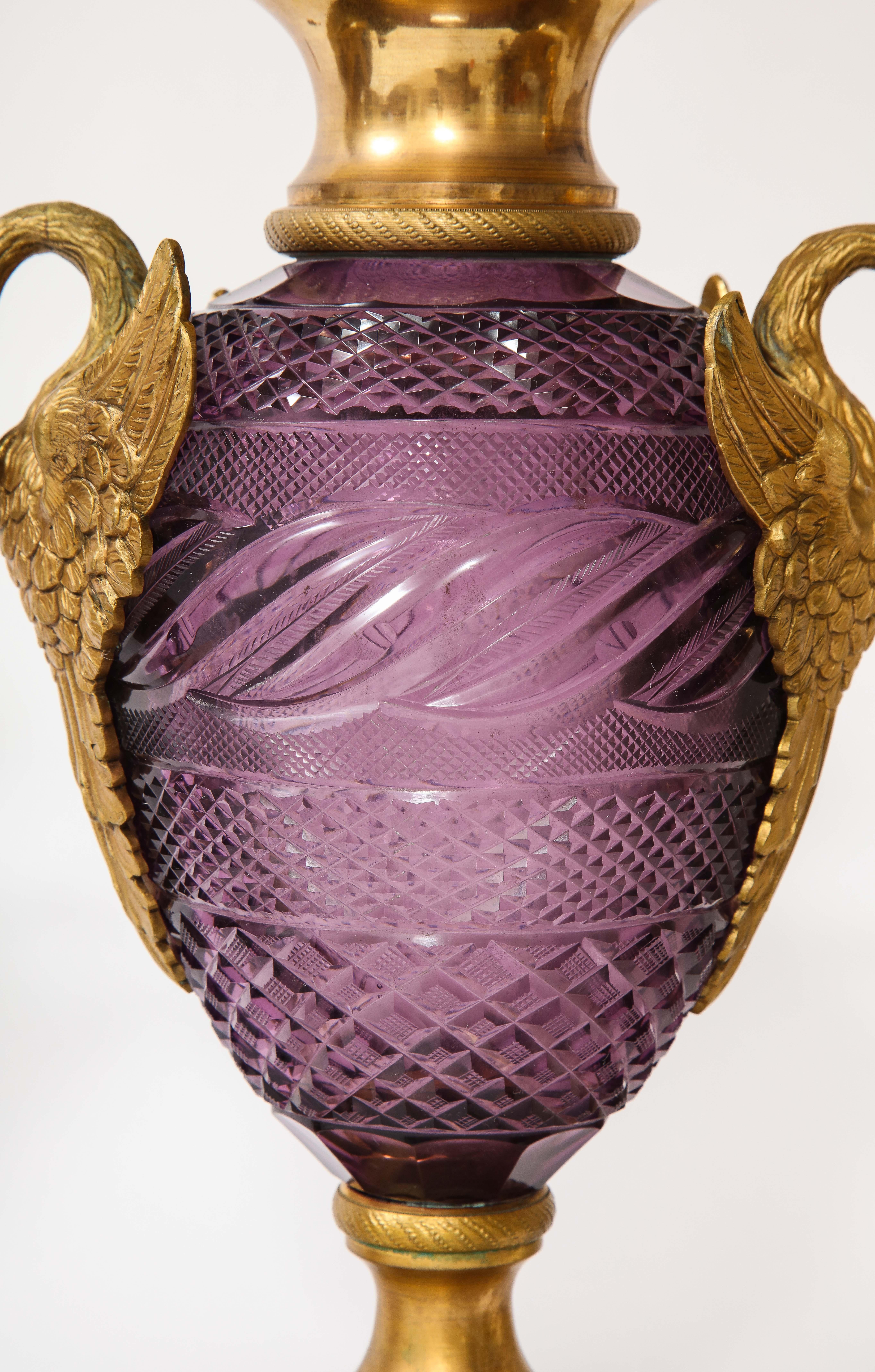 Gilt Pr. Russian Dore Bronze Mtd. Hand-Diamond Cut Amethyst Crystal Swan Handle Vases For Sale