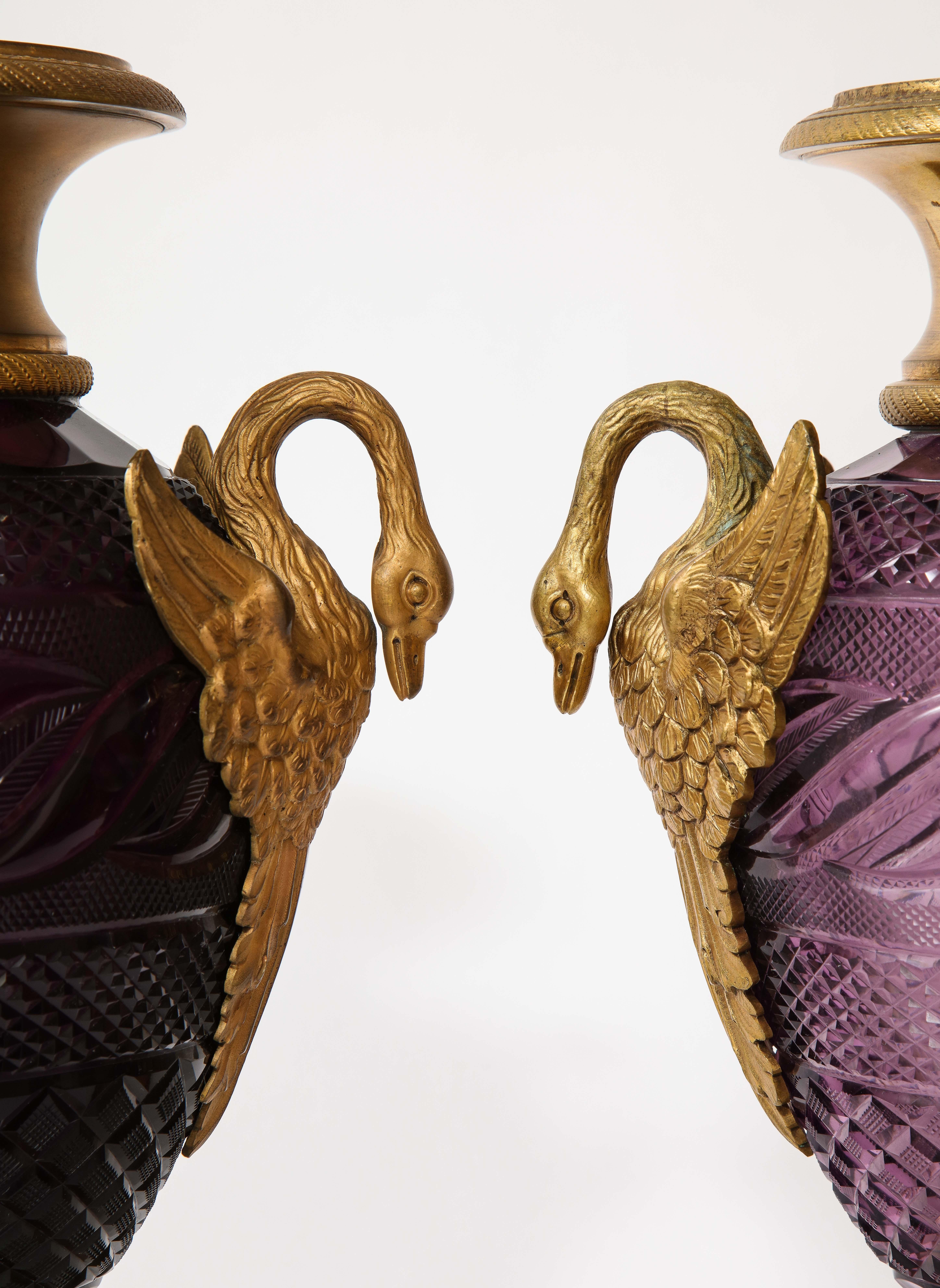 Pr. Russian Dore Bronze Mtd. Hand-Diamond Cut Amethyst Crystal Swan Handle Vases In Good Condition For Sale In New York, NY