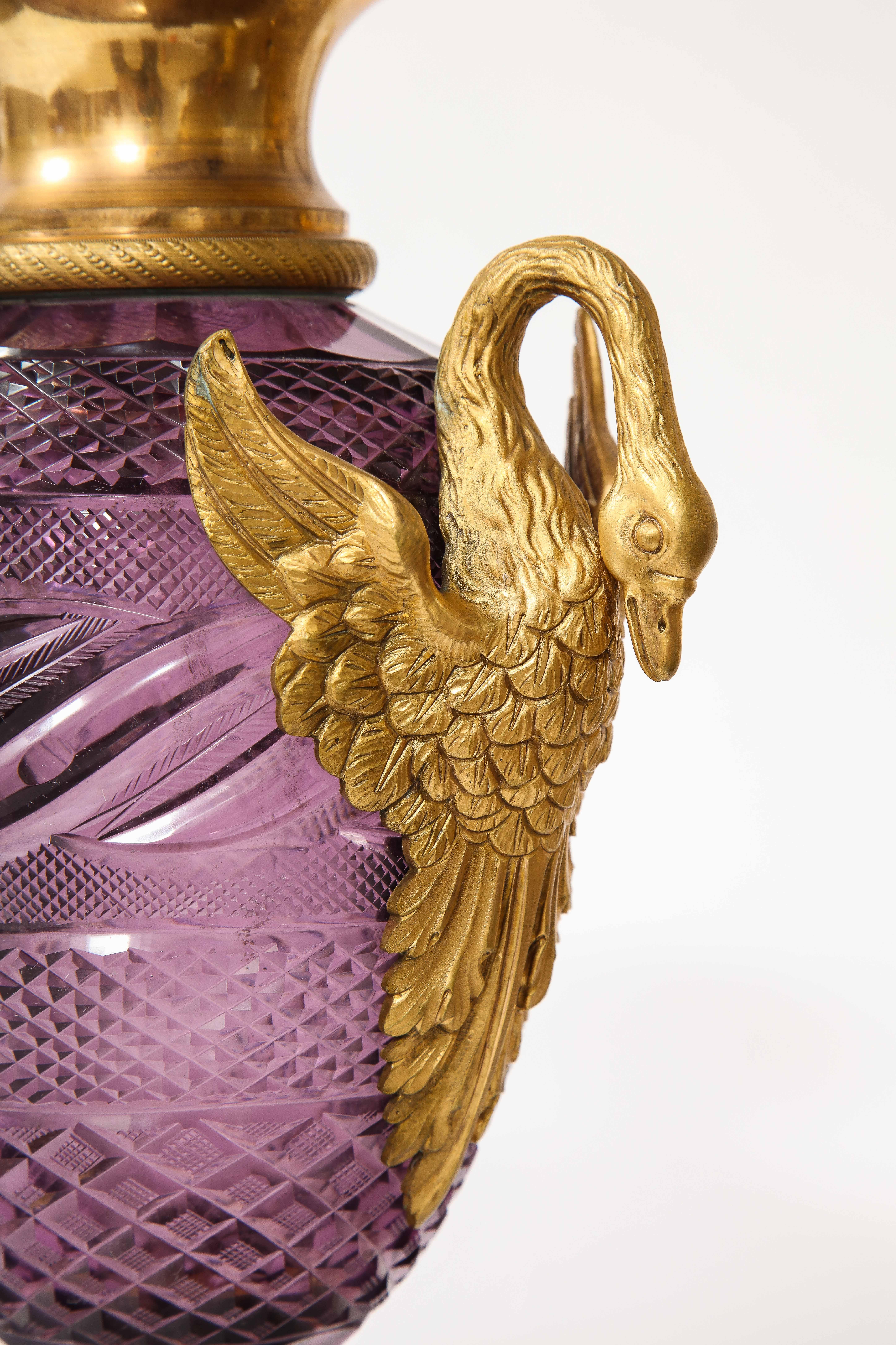 Mid-19th Century Pr. Russian Dore Bronze Mtd. Hand-Diamond Cut Amethyst Crystal Swan Handle Vases For Sale