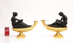 Pr. Russian Ormolu & Bronze Lamps w/ Genies of Study & Philosophy, after Boizot