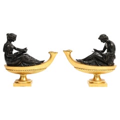Pr. Russian Ormolu & Bronze Lamps w/ Genies of Study & Philosophy, after Boizot