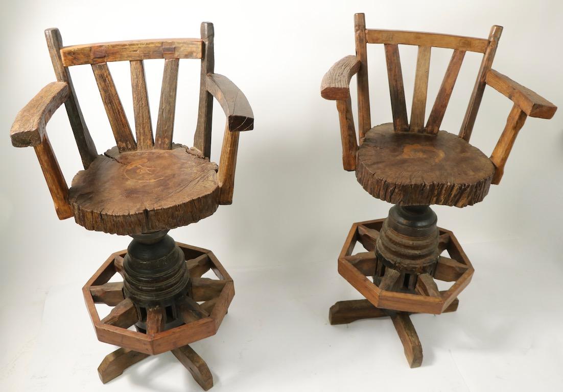 Pair of Rustic Wagon Wheel Adirondack Swivel Stools after Old Hickory For Sale 3