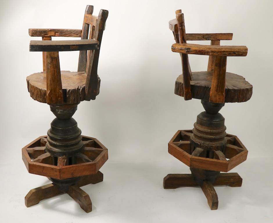 Pair of Rustic Wagon Wheel Adirondack Swivel Stools after Old Hickory For Sale 4