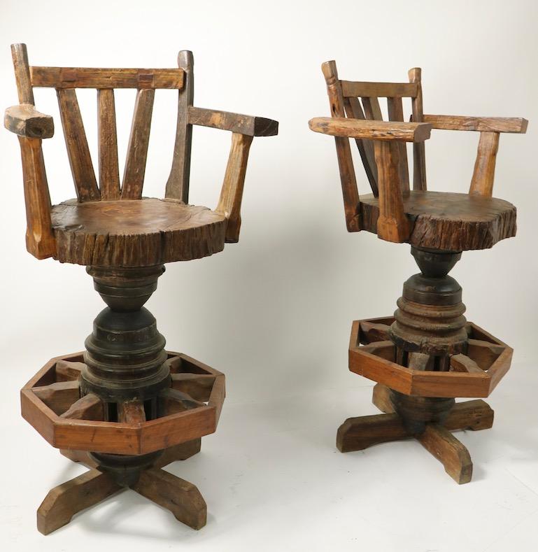 Pair of Rustic Wagon Wheel Adirondack Swivel Stools after Old Hickory For Sale 7