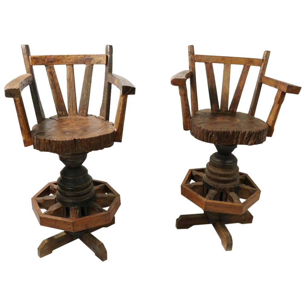 Pair of Rustic Wagon Wheel Adirondack Swivel Stools after Old Hickory