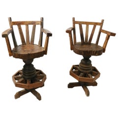 Used Pair of Rustic Wagon Wheel Adirondack Swivel Stools after Old Hickory