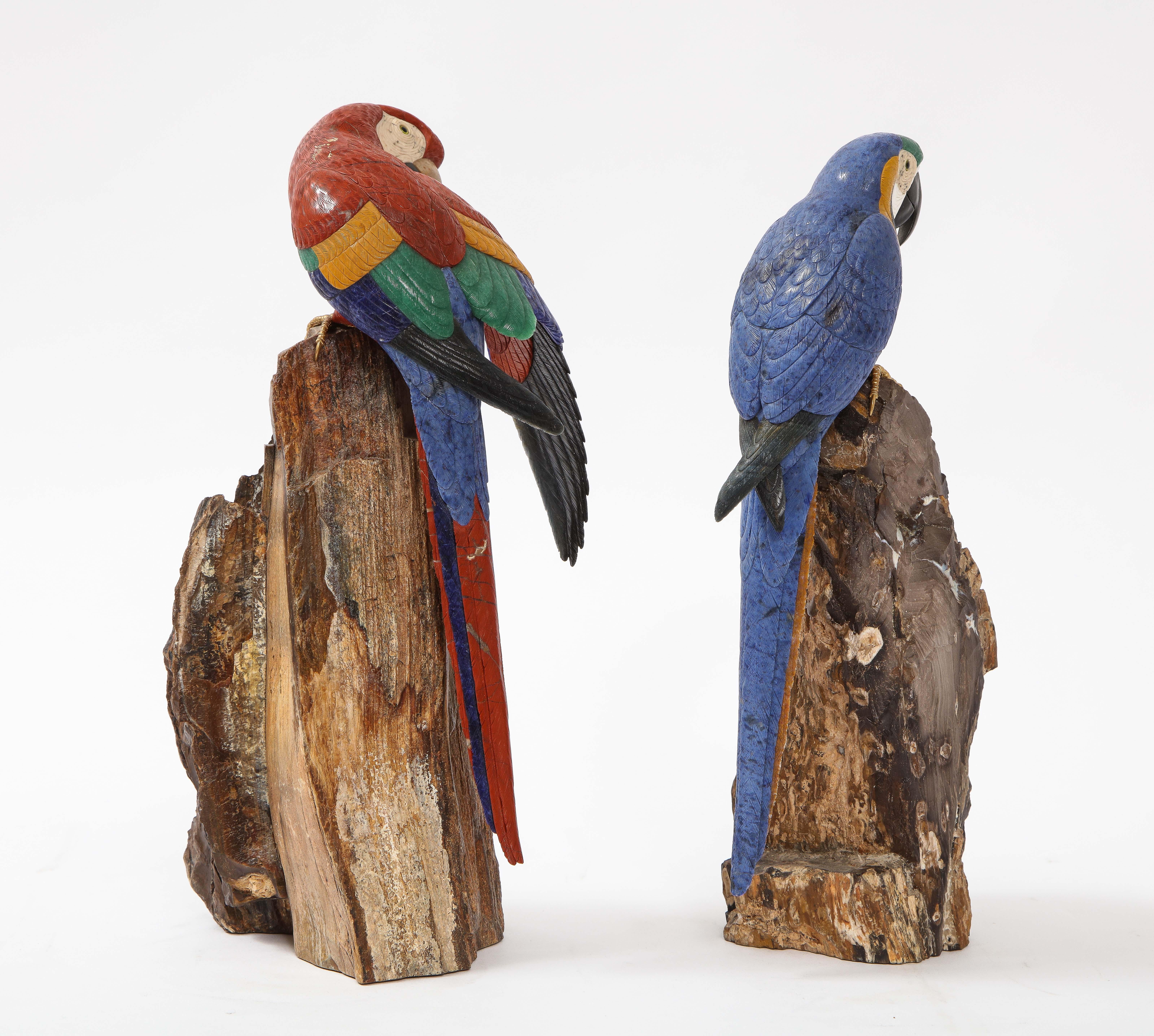 Lapis Lazuli Pr. Semi Precious Stone & Gold Models of Scarlet Macaw Parrots, P. Müller, Swiss