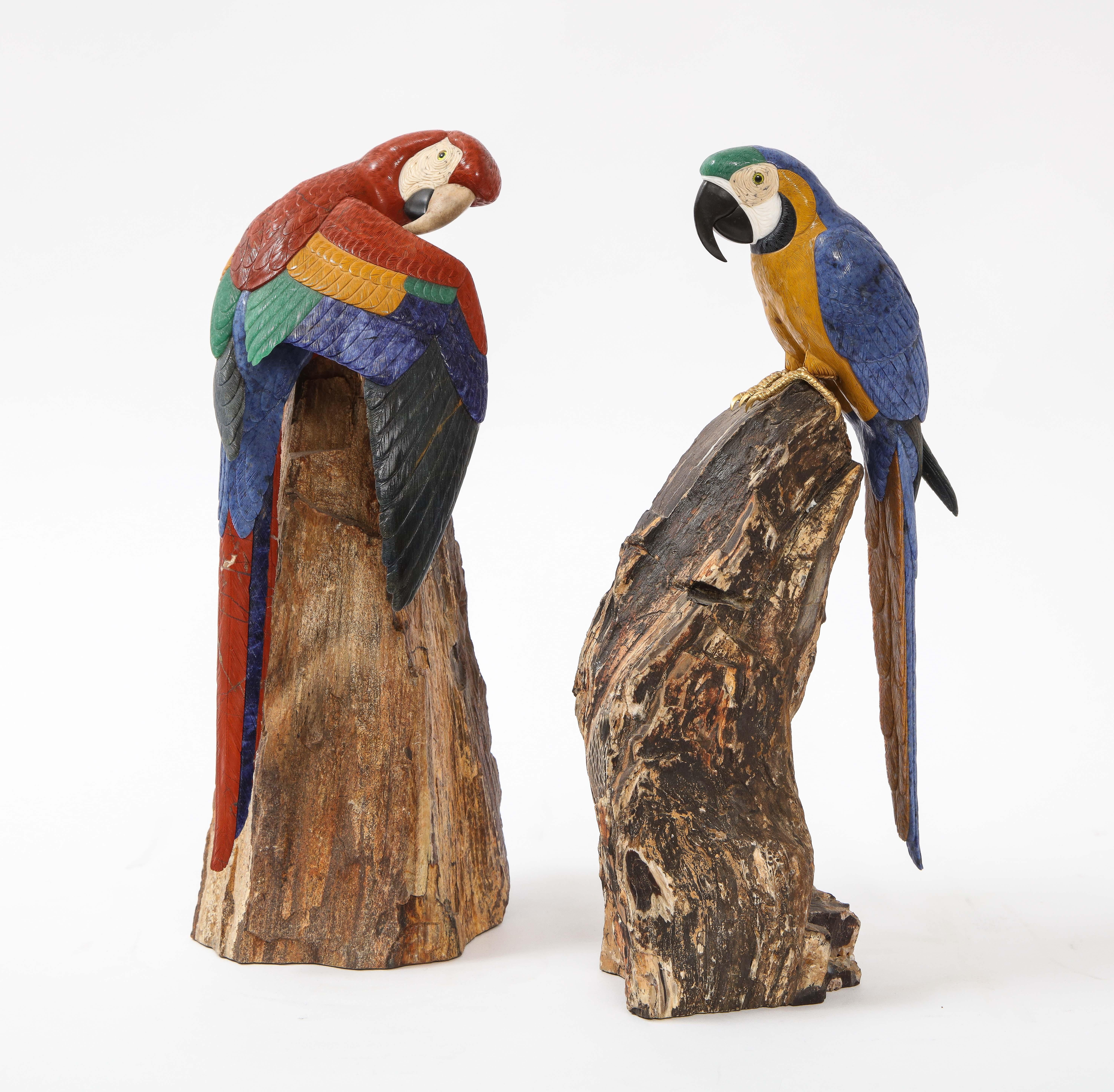 Pr. Semi Precious Stone & Gold Models of Scarlet Macaw Parrots, P. Müller, Swiss 1