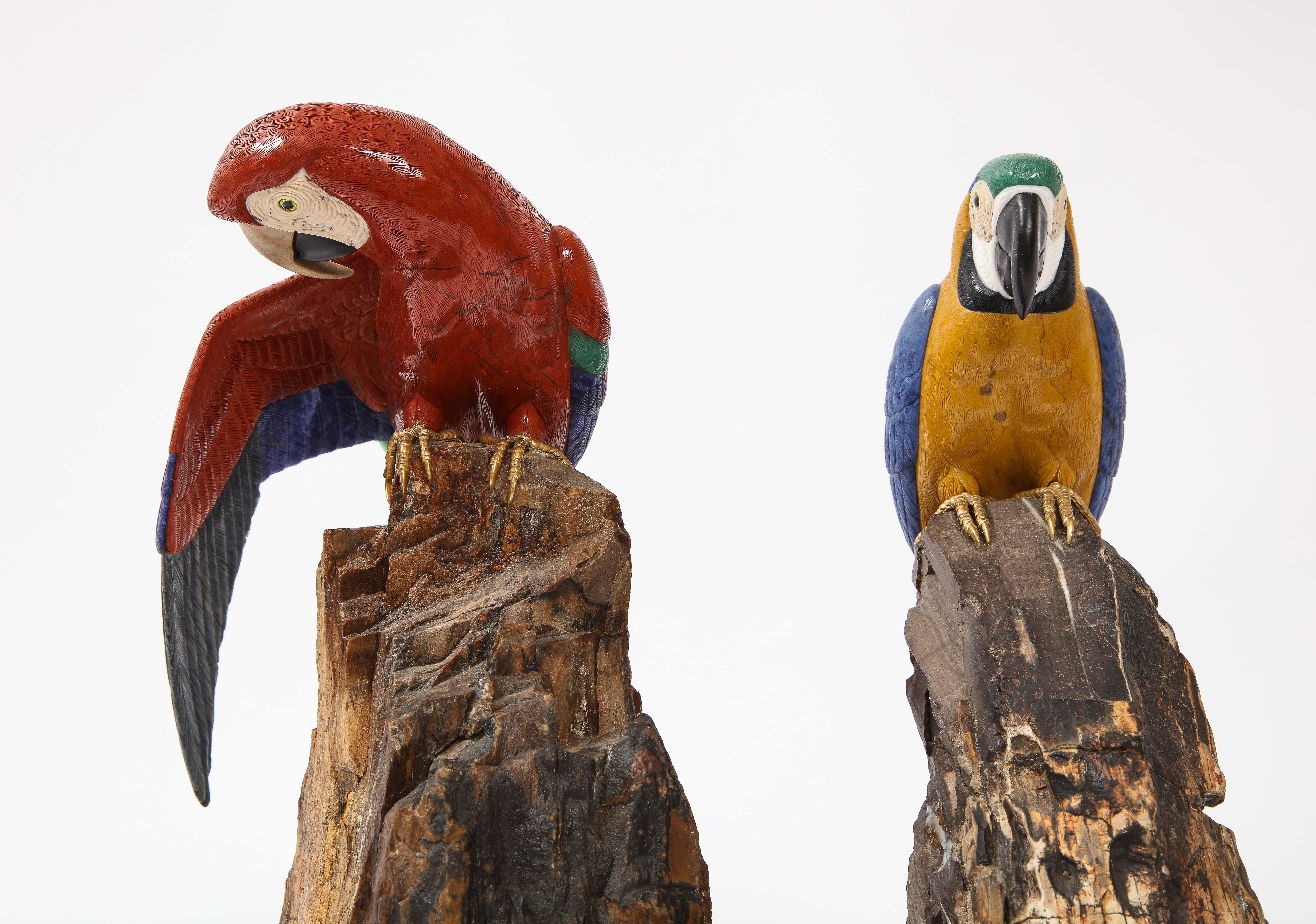 Pr. Semi Precious Stone & Gold Models of Scarlet Macaw Parrots, P. Müller, Swiss 4