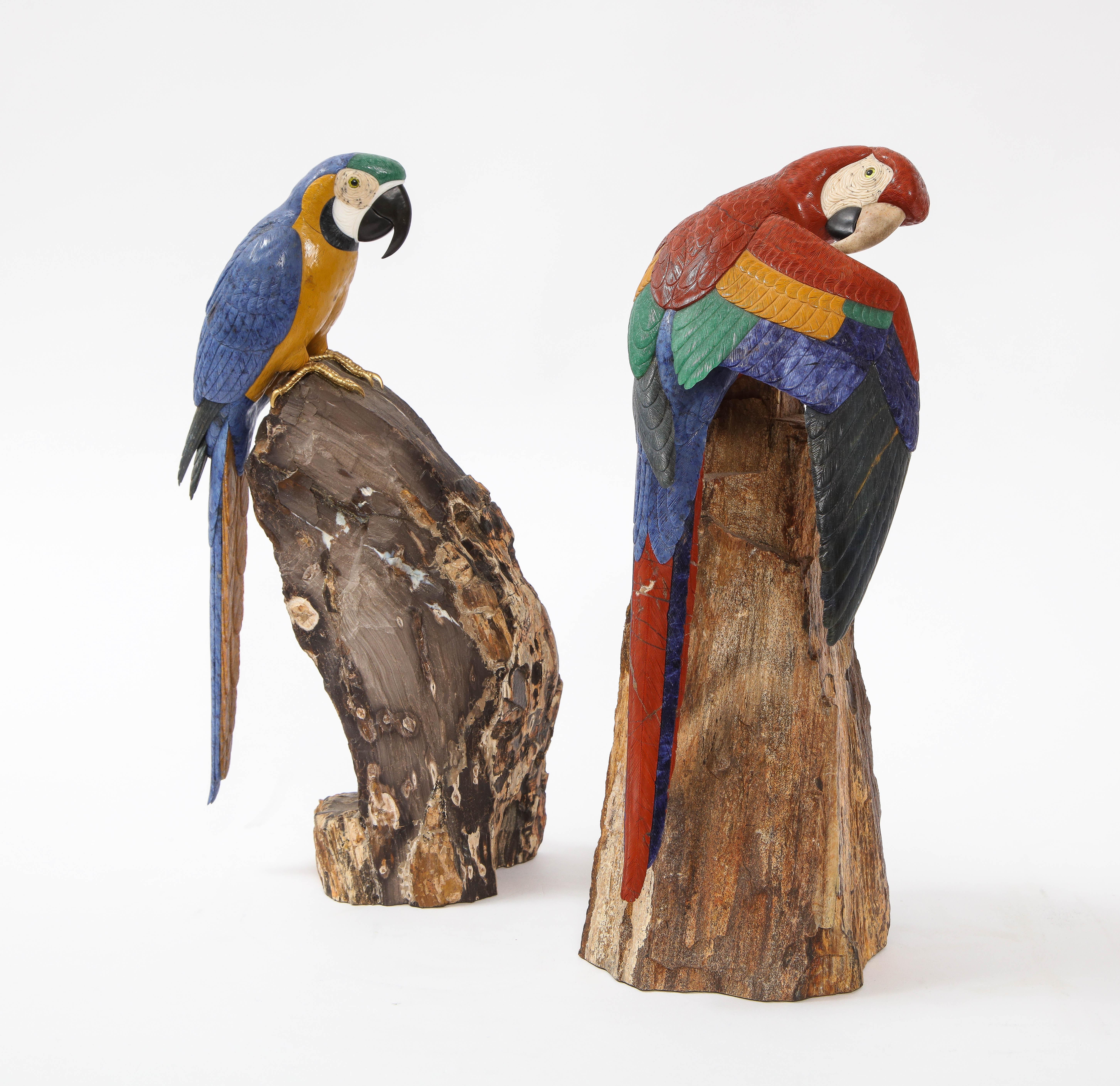 Cast Pr. Semi Precious Stone & Gold Models of Scarlet Macaw Parrots, P. Müller, Swiss