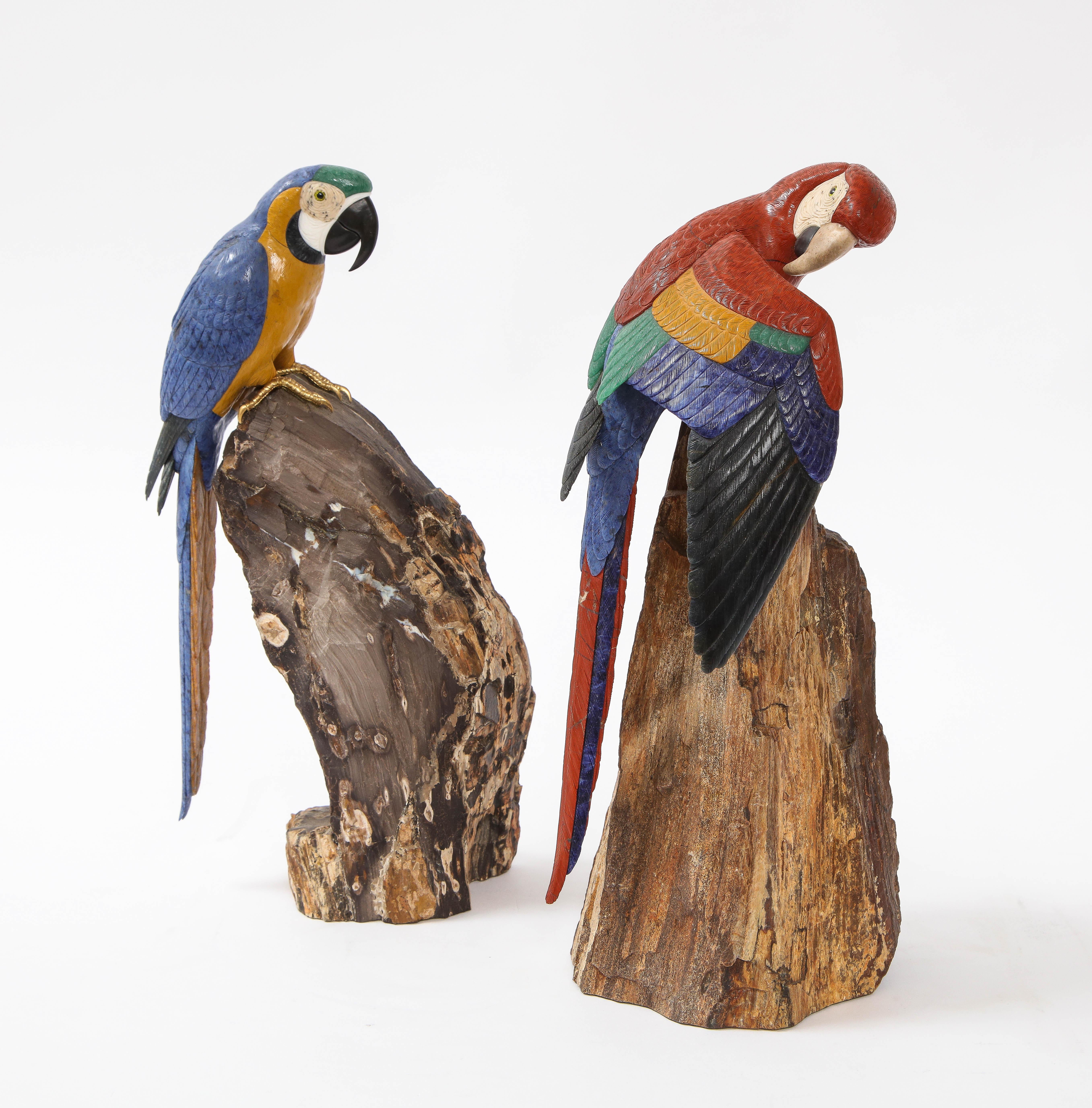 20th Century Pr. Semi Precious Stone & Gold Models of Scarlet Macaw Parrots, P. Müller, Swiss