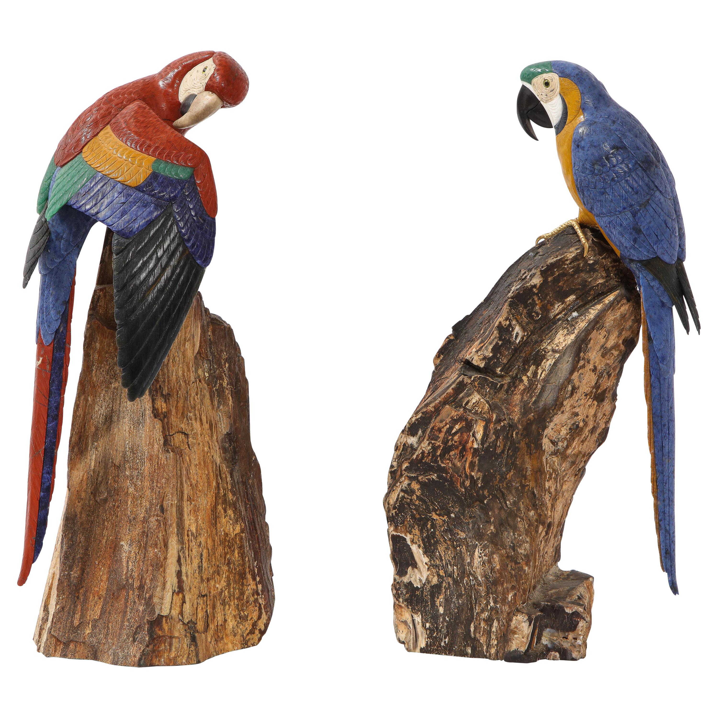 Pr. Semi Precious Stone & Gold Models of Scarlet Macaw Parrots, P. Müller, Swiss