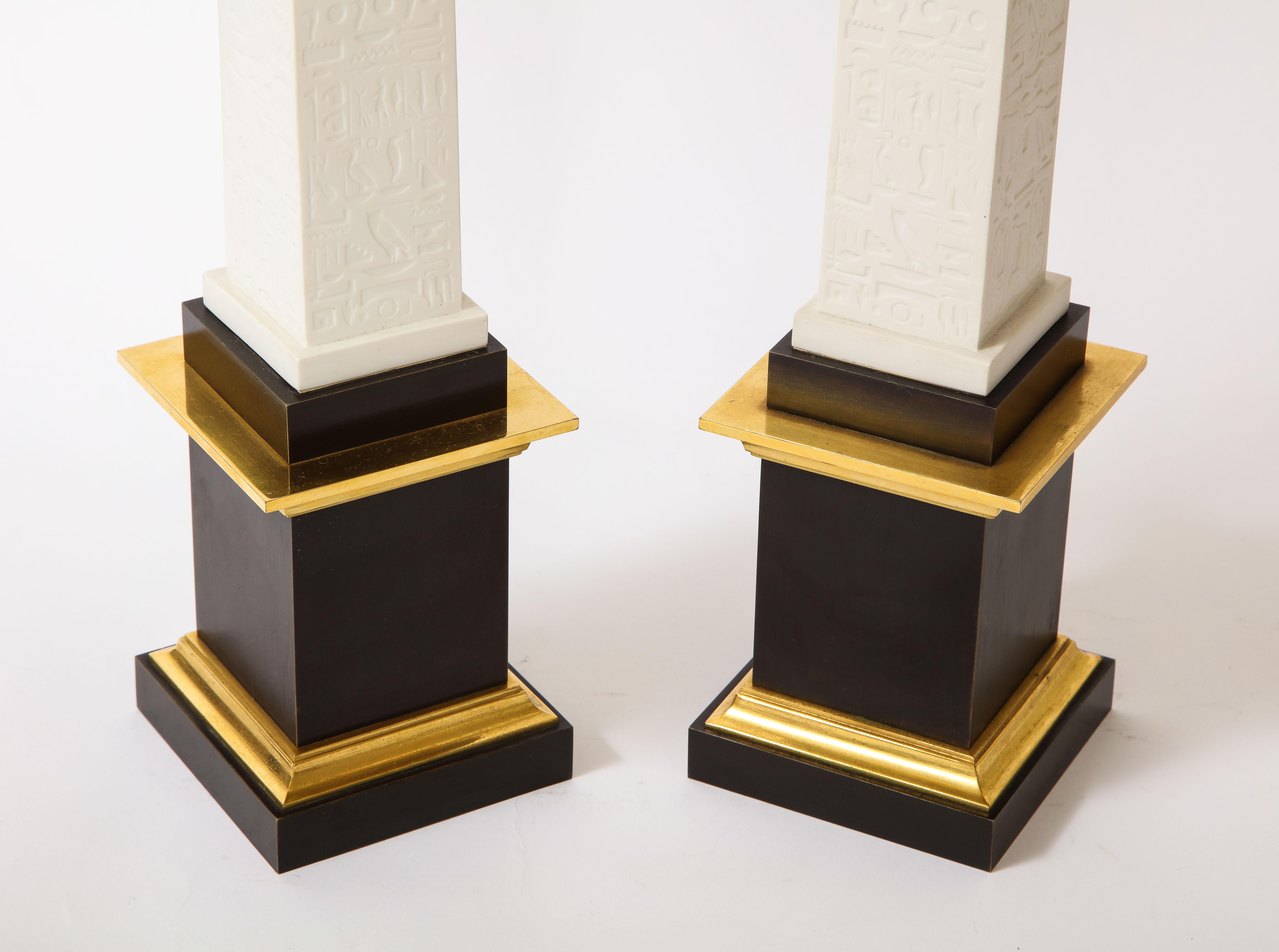 Pr. Signed Sevres Porcelain, Patinated and Gilt Bronze Mounted Egyptian Obelisks For Sale 5