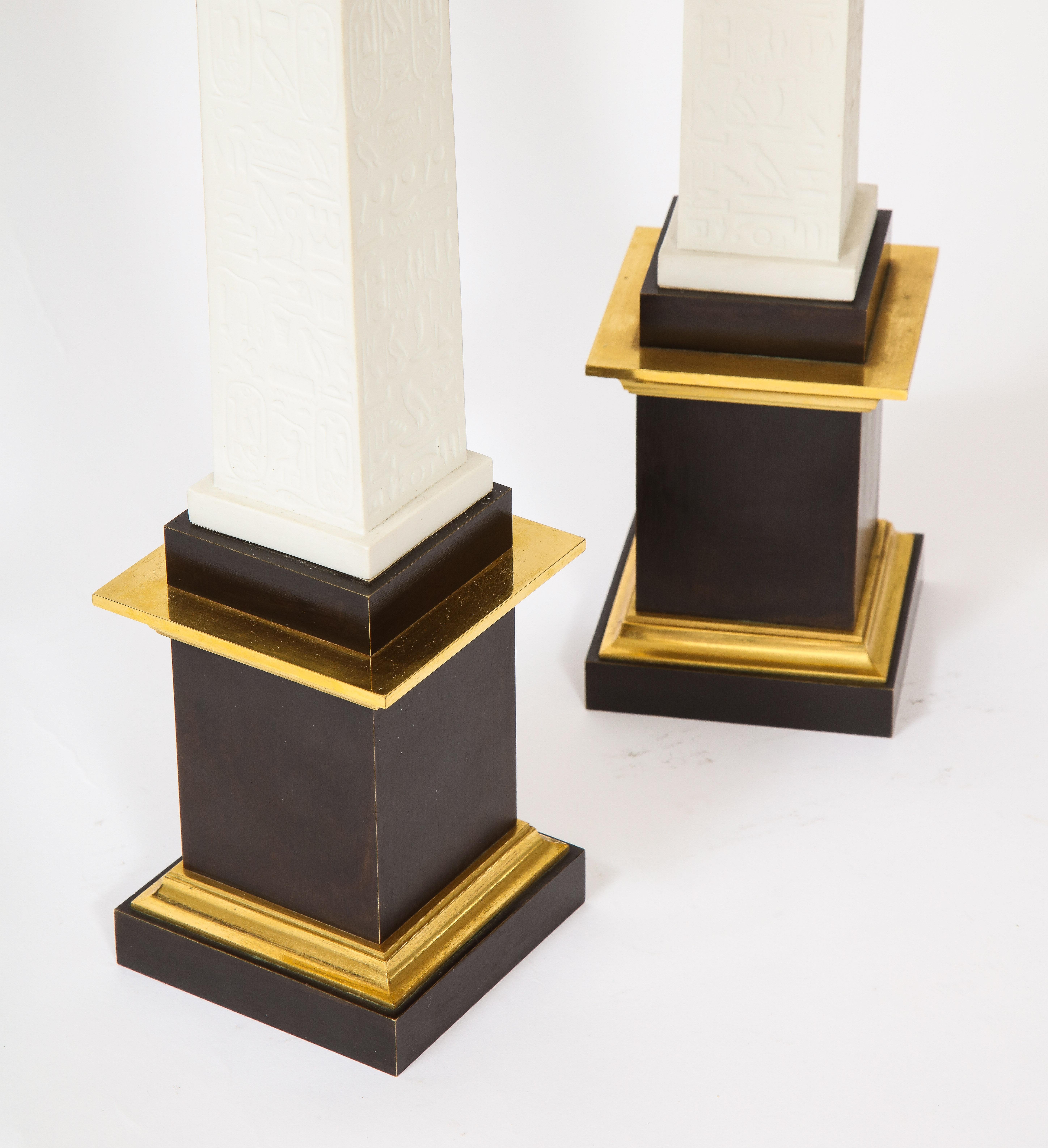 Pr. Signed Sevres Porcelain, Patinated and Gilt Bronze Mounted Egyptian Obelisks For Sale 8