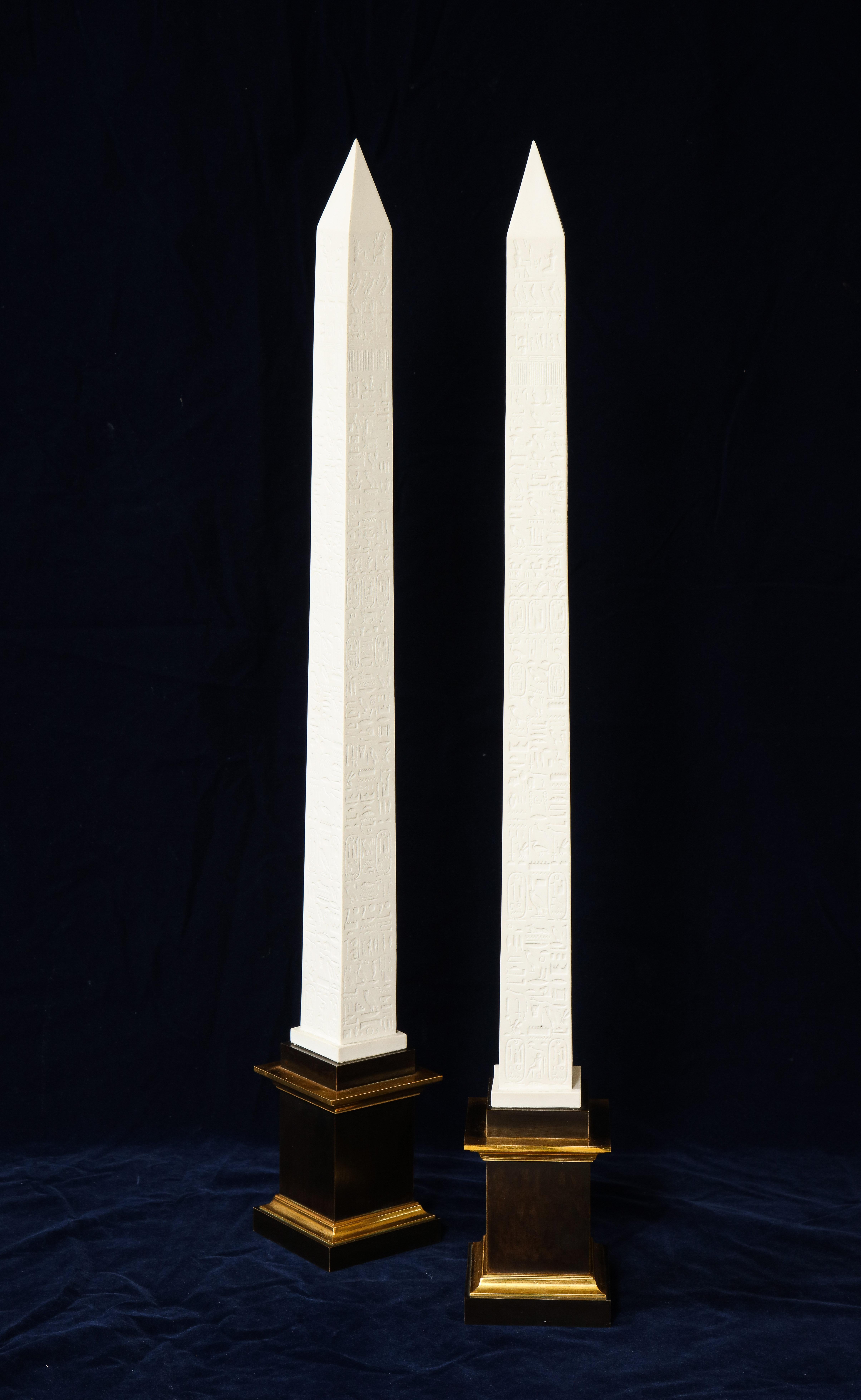 Mid-Century Modern Pr. Signed Sevres Porcelain, Patinated and Gilt Bronze Mounted Egyptian Obelisks For Sale