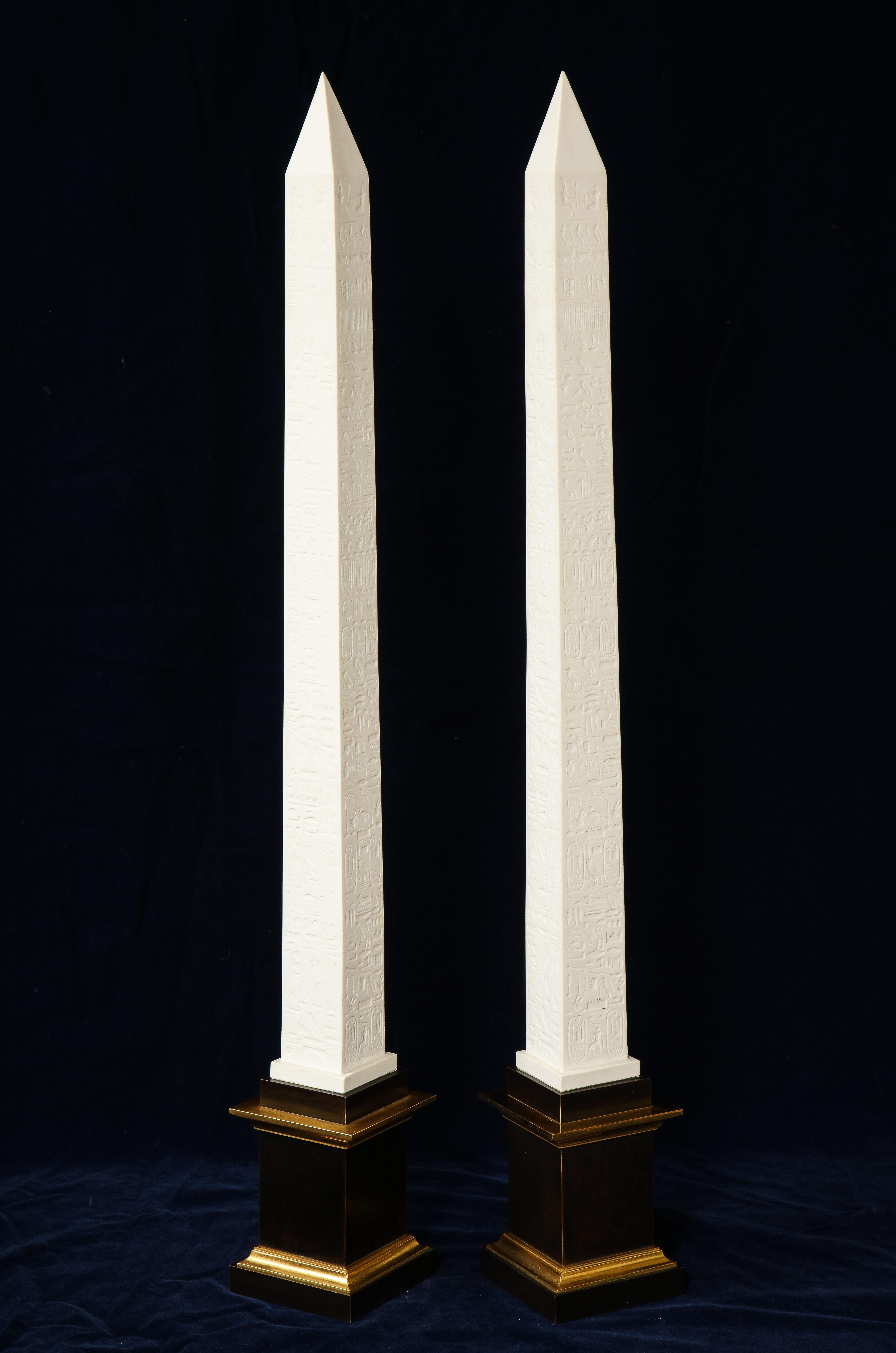 French Pr. Signed Sevres Porcelain, Patinated and Gilt Bronze Mounted Egyptian Obelisks For Sale