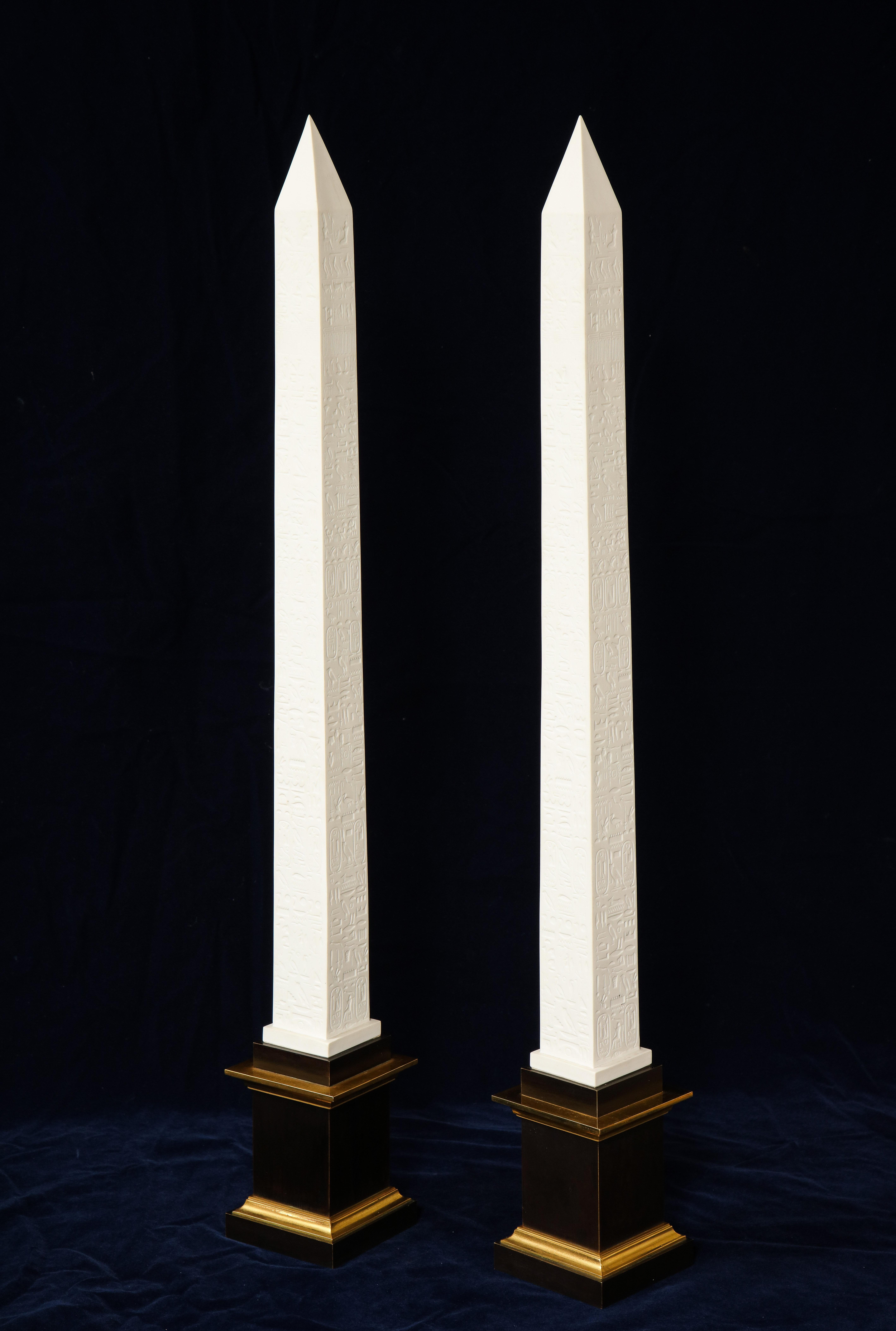 Pr. Signed Sevres Porcelain, Patinated and Gilt Bronze Mounted Egyptian Obelisks In Good Condition For Sale In New York, NY