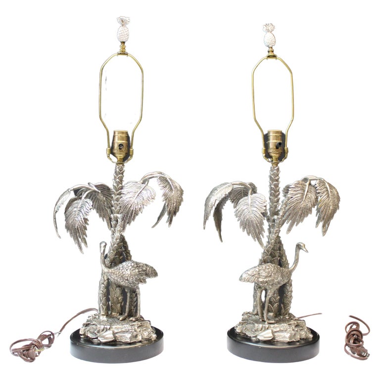 Pr Silvered Bronze Lamps circa 1970s with Pineapple Finials For Sale at