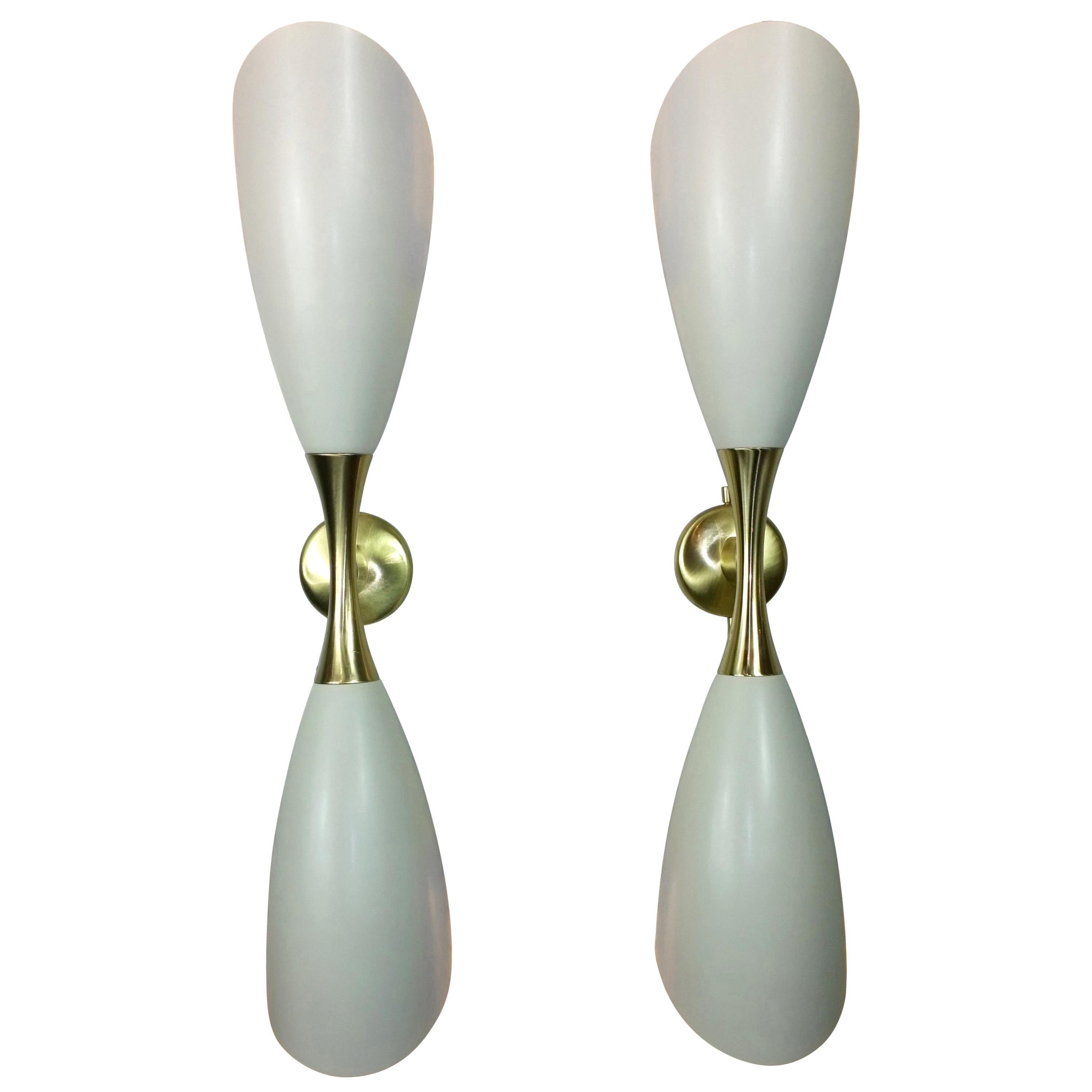 Pr Stilnovo Style White Enameled Aluminium Double Cone w/ Brass Accents Sconces For Sale