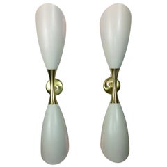 Pr Stilnovo Style White Enameled Aluminium Double Cone w/ Brass Accents Sconces