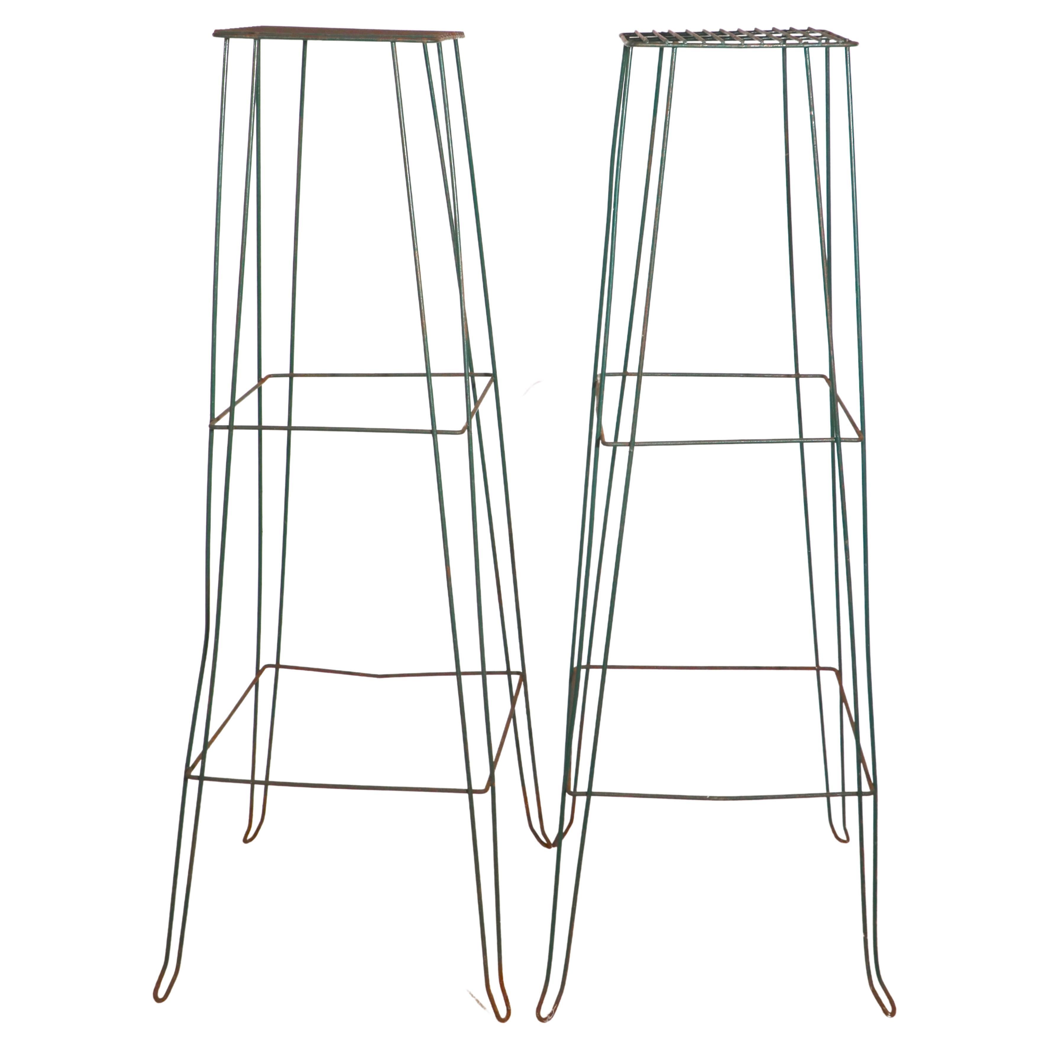 Pr Tall Mid-Century Wire, Wrought Iron Plant Stands For Sale