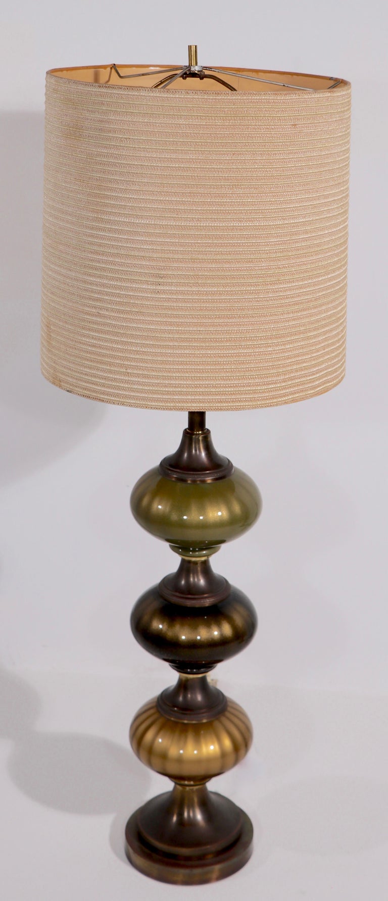 Metal Pair of Tall Stacked Glass Orb Table Lamps For Sale