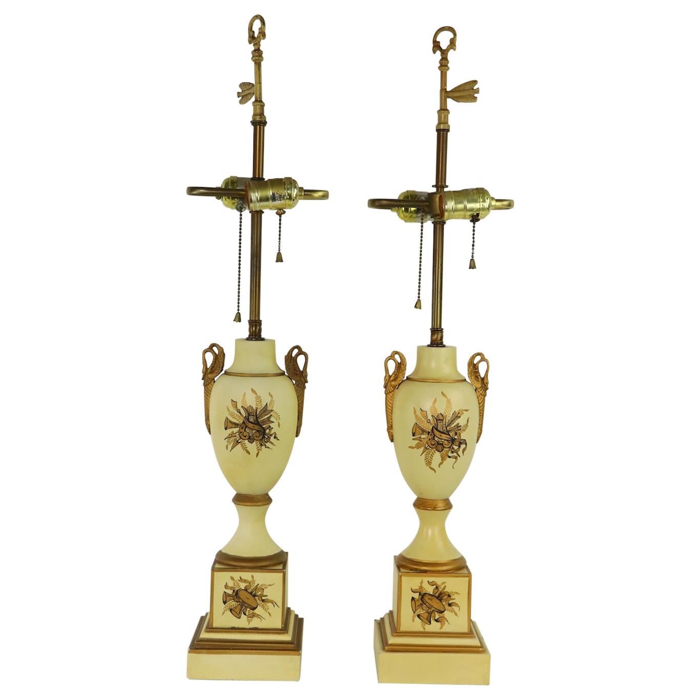 Pair of Tole Decorated French Empire Revival Table Lamps by Tyndale For Sale