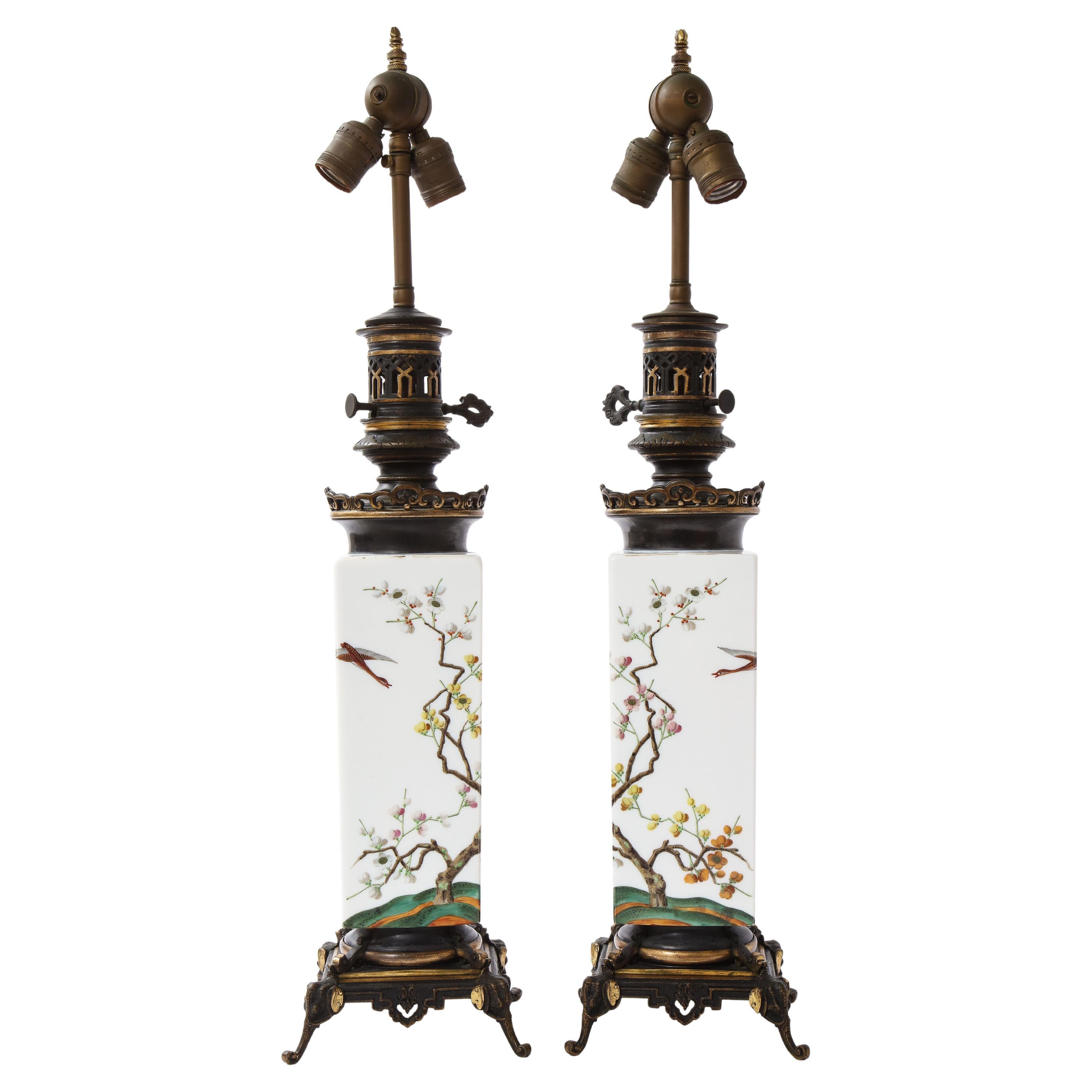 Pr. Unusual French Baccarat White Opaline & Bronze Mounted Lamps w Elephant base