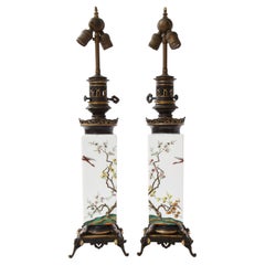 Pr. Unusual French Baccarat White Opaline & Bronze Mounted Lamps w Elephant base