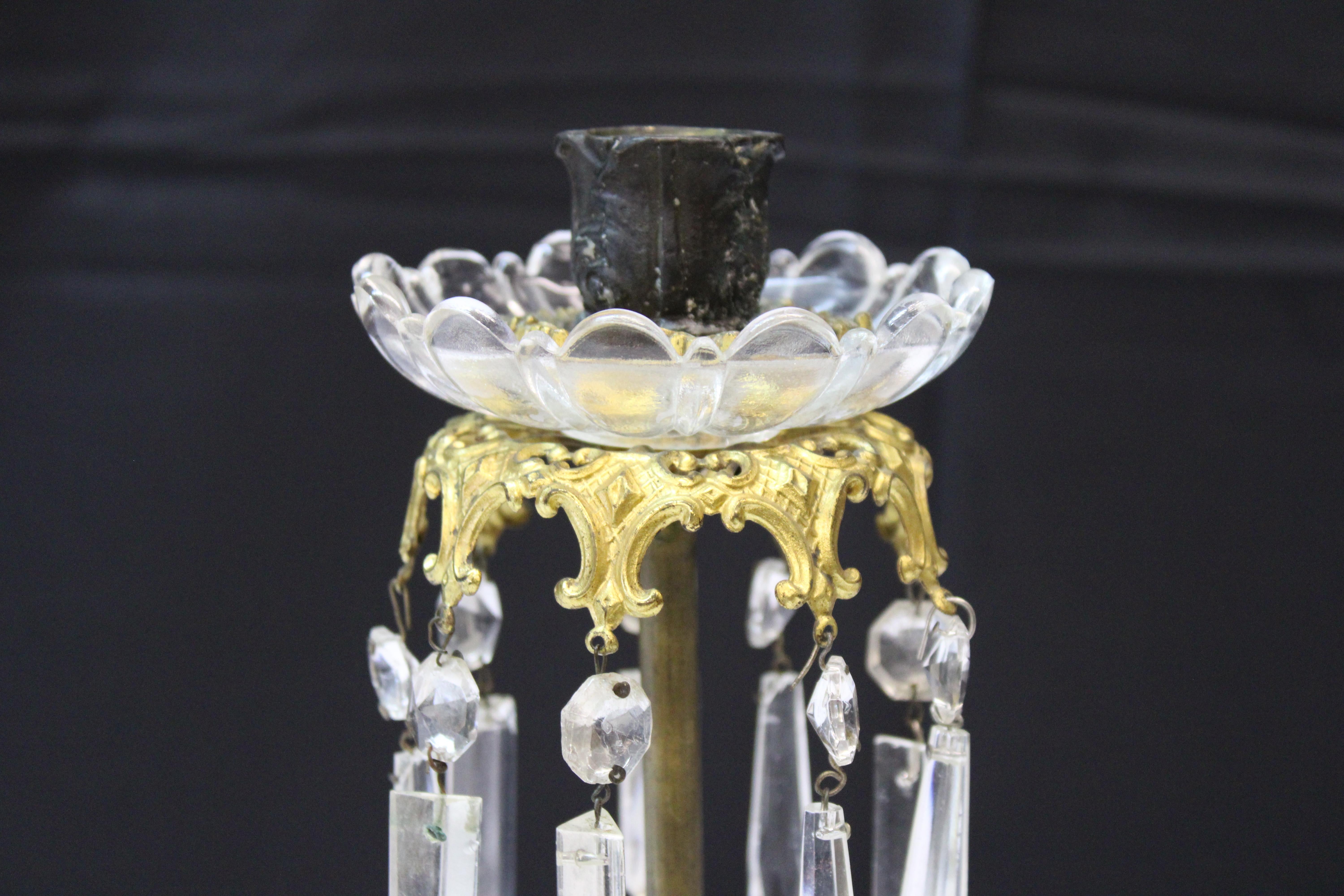 Pr Victorian glass & crystal metal candleholders with gilded giraffes.