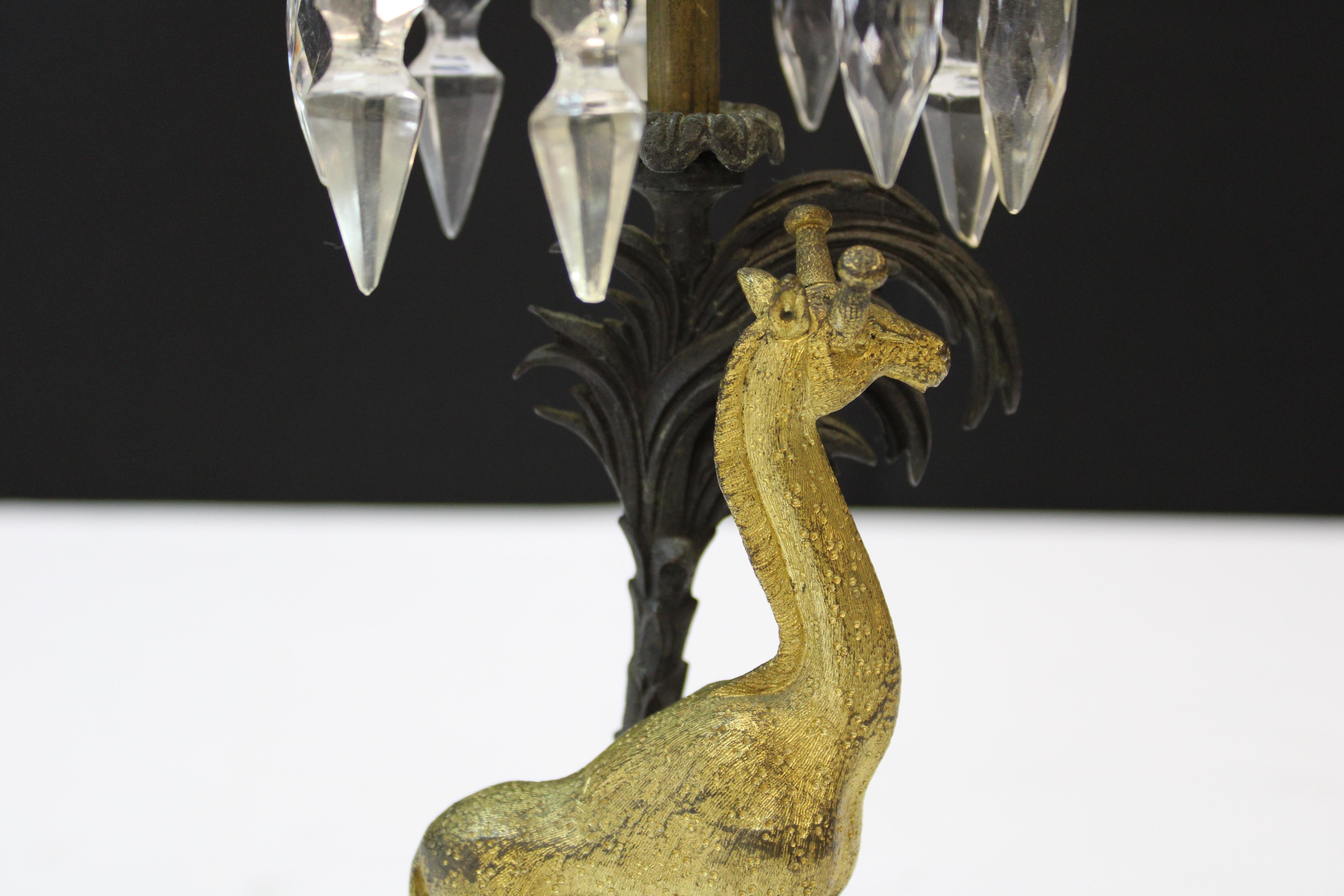 Unknown Pr Victorian Glass & Crystal Metal Candlestick Holders with Gilded Giraffes For Sale