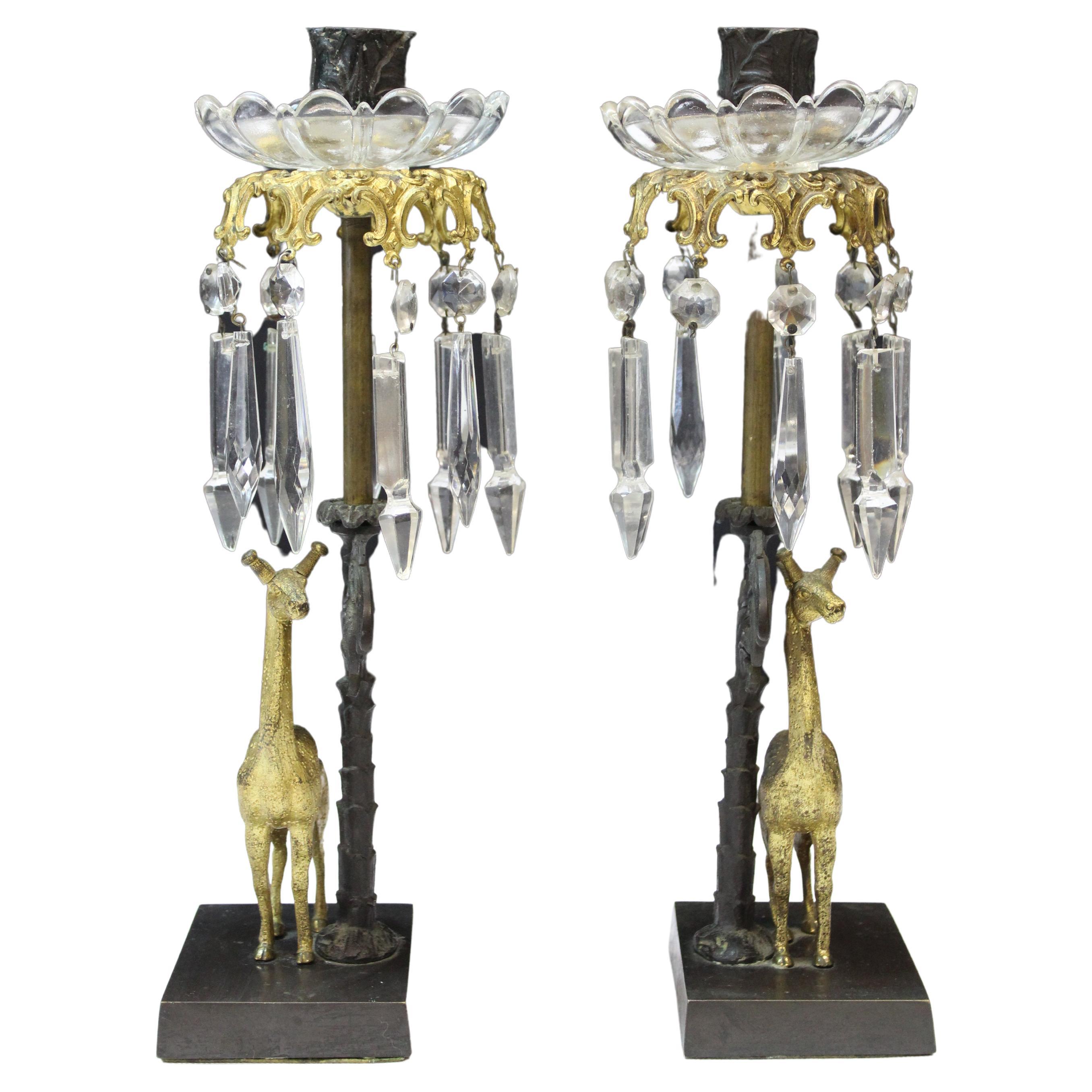 Pr Victorian Glass & Crystal Metal Candlestick Holders with Gilded Giraffes For Sale