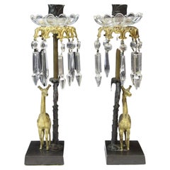 Pr Victorian Glass & Crystal Metal Candlestick Holders with Gilded Giraffes