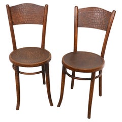 Antique Pr. Vienna Secessionist Cafe Dining Chairs with Crocodile Pattern Seat and Backs