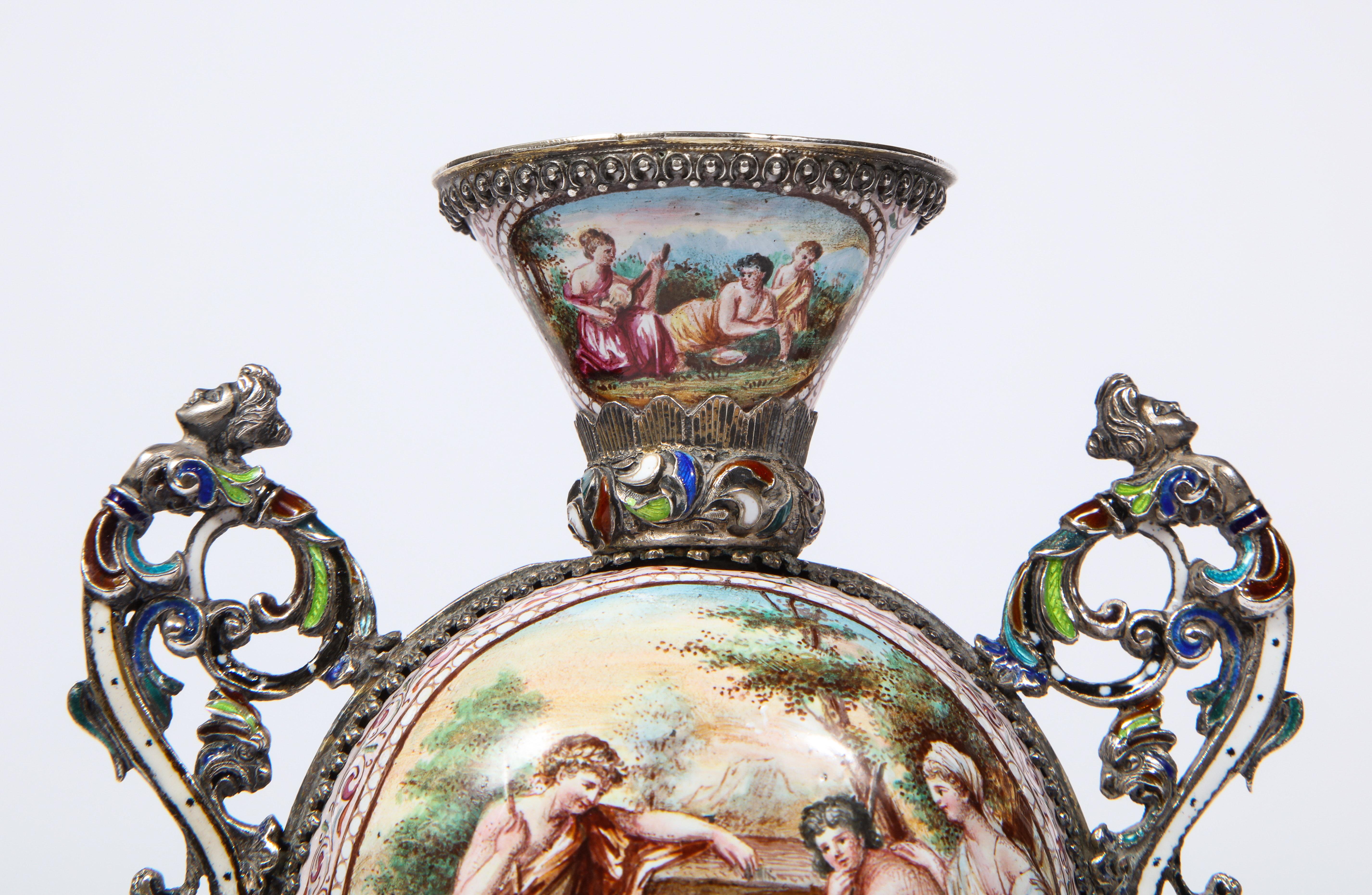 Pr. Viennese Enamel on Silver Vases with Mythological Scenes Signed Hallmarks HB 3