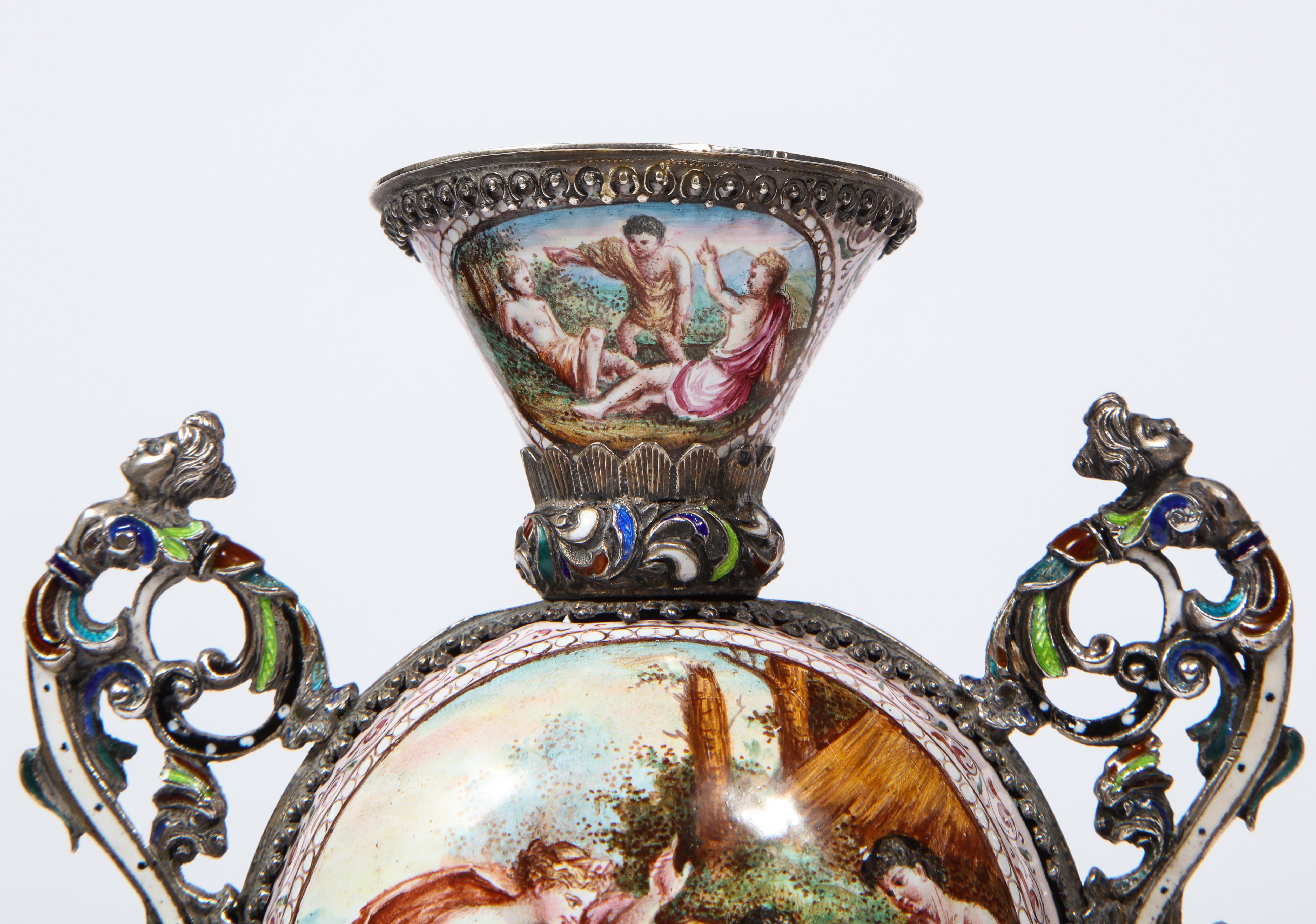 Pr. Viennese Enamel on Silver Vases with Mythological Scenes Signed Hallmarks HB 4